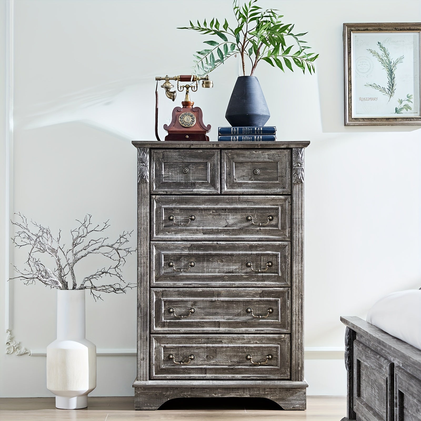 Farmhouse Dresser for Bedroom 6 Drawer Dresser with Carved Wood Pilasters Night Stand And Dresser Set 20’’ End Table
