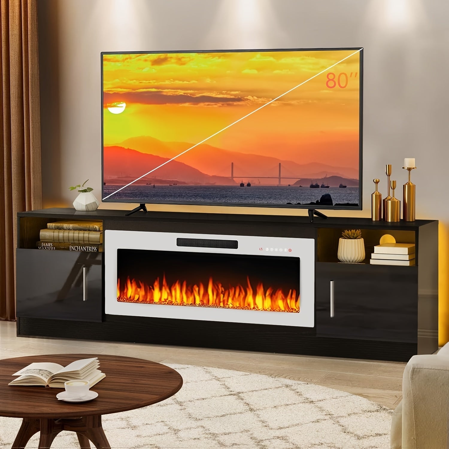 Modern Wooden TV Stand with 36" Fireplace - Fits Up to 80" TVs, LED Lighting & Storage, Highlight Cabinet for Living Room, Media TV Console, Entertainment Center