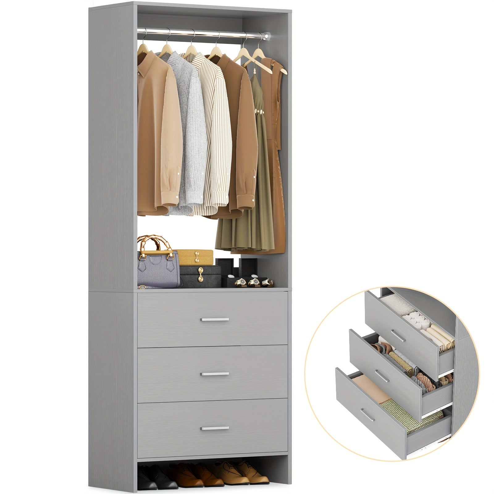 2ft Closet System with 3 Drawers, 24' Closet Organizer, Wooden Closet Organizer System, Walk-in Closet or Small Closets Wardrobe, Clothes Rack with Hanging Rods