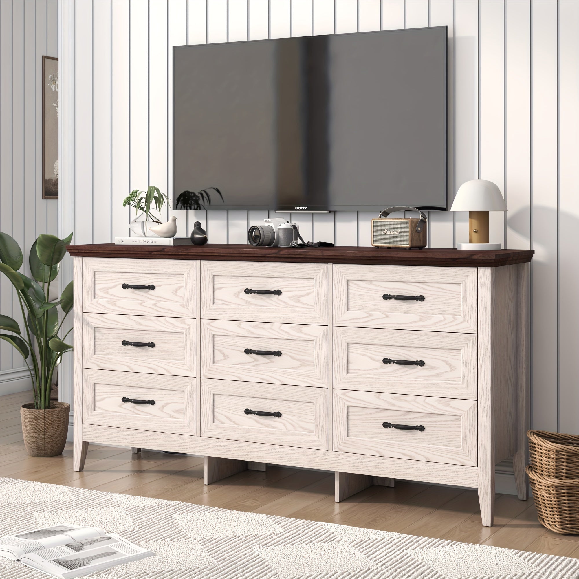 Farmhouse 9 Drawers Dresser 160cm Wood Dresser for Bedroom Wide Chest of Drawers French Country Storage Double Dressers