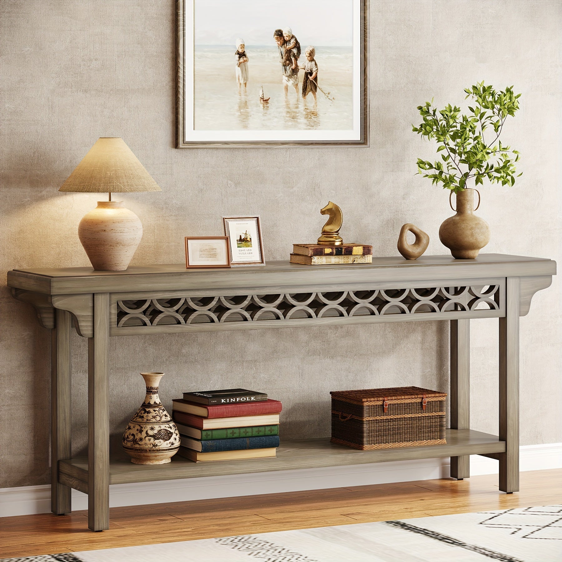 70.8 Inch Extra Long Console Table, Farmhouse Wood Narrow Sofa Table With Storage Shelves, 2-Tier Entryway Table Behind Couch For Hallway Foyer Living Room