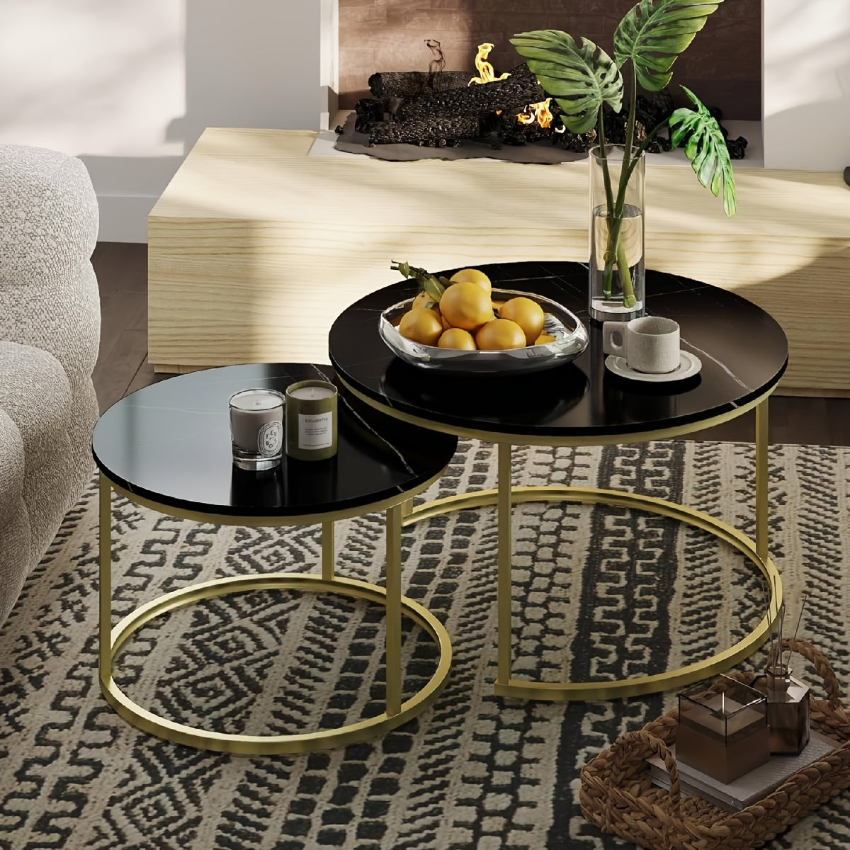 2pcs Nesting Coffee Table Set Modern Round Coffee Tables for Living Room Balcony Office Circle Table Accent End Side