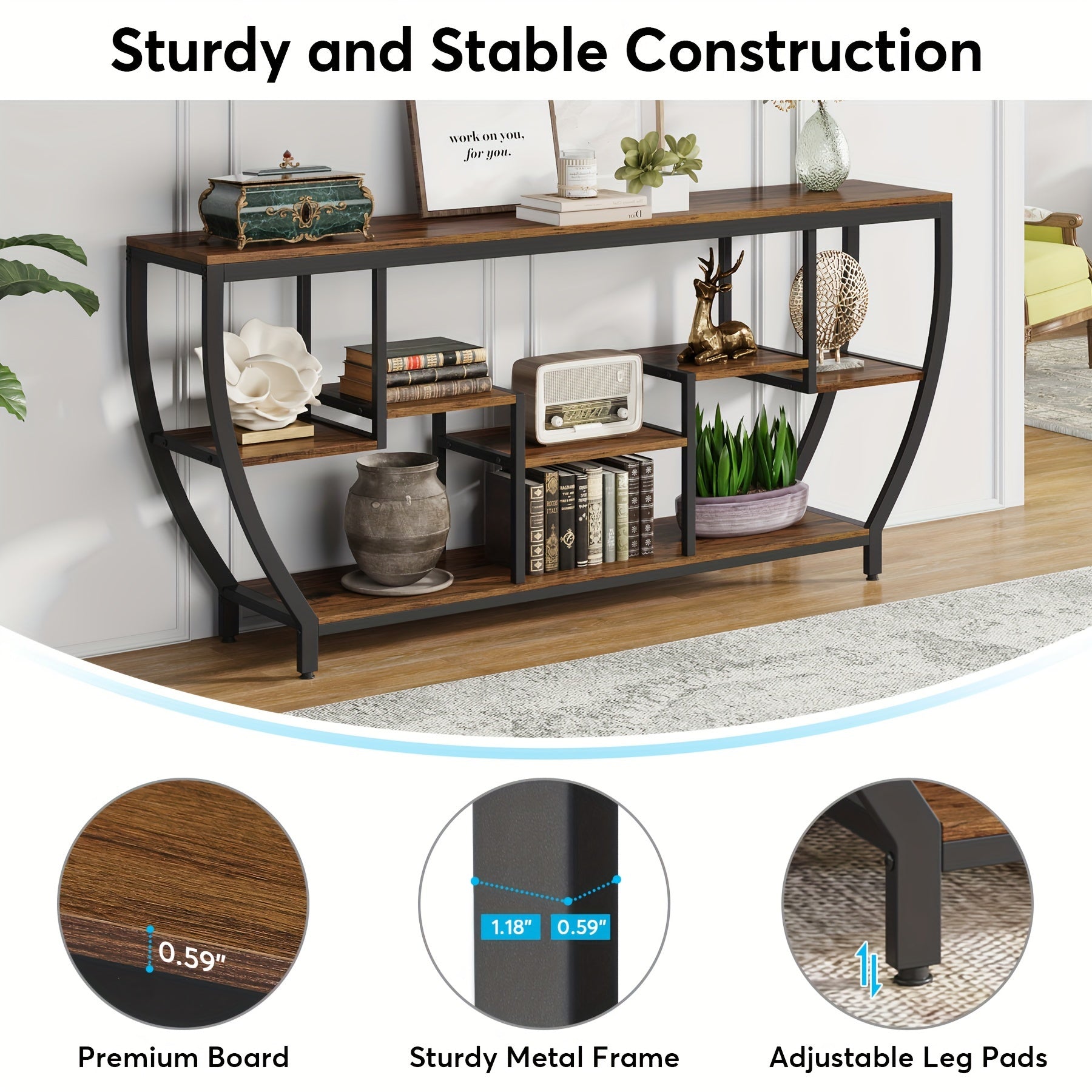 Rustic 70.9 Inch Sofa Table with Shelves, Industrial Console Table with Storage, Entryway Table TV Stand, Accent Tables for Behind Couch, Living Room, Hallway, Foyer, Utility Racks