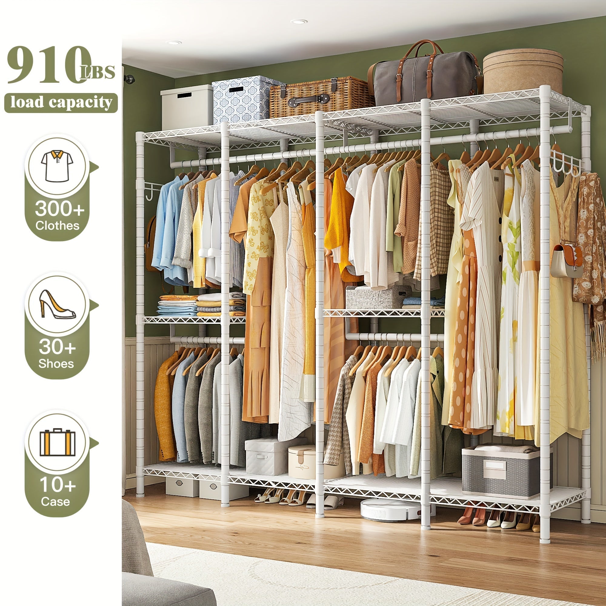 Clothes Rack, Clothing Rack Heavy Duty Clothing Racks For Hanging Clothes 910LBS, Metal Garment Rack Heavy Duty Clothes Rack Freestanding Wardrobe Closet Rack, 75" H X 75" W X 15.7" D, White