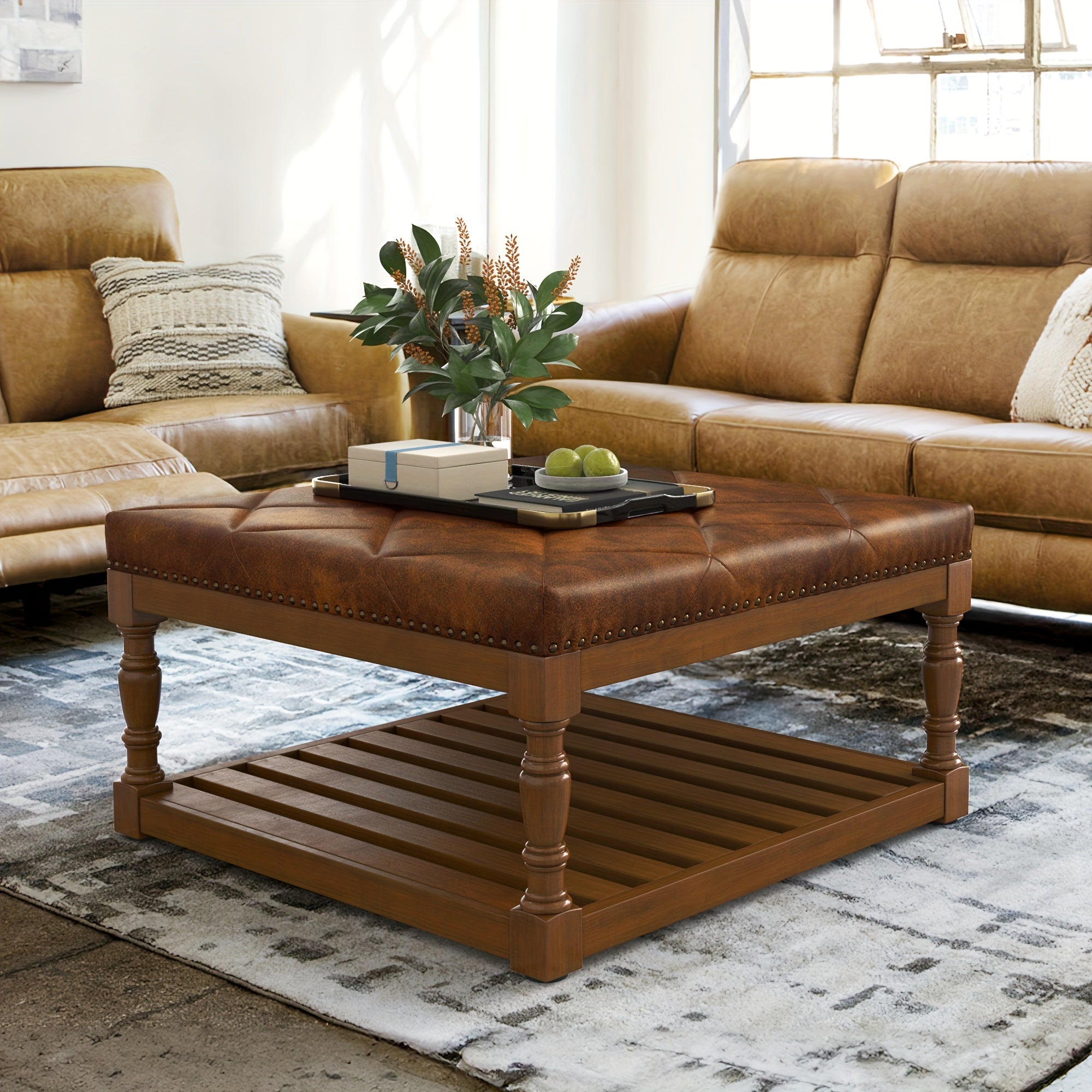 1PC Ottoman Coffee Table, Rustic Faux Leather/Polyester Upholstered Tufted Wood Coffee Tables, Large Square Ottoman With 2-Tier Storage Shelf Sofa Table, Cocktail Table For Living Room