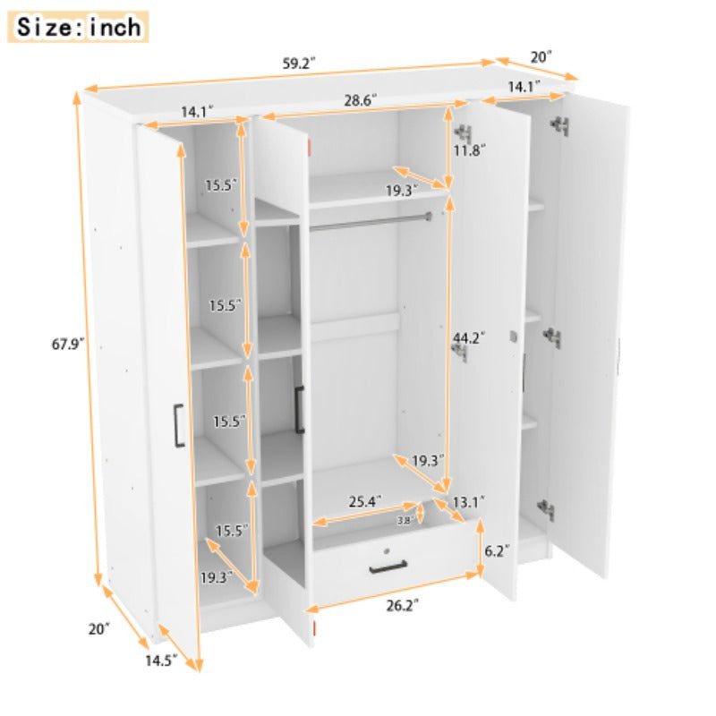 1pc Modern 4-Door Metal Wardrobe with Shelves Freestanding Closet Organizer System Under 27’’ Height Less than 3.2