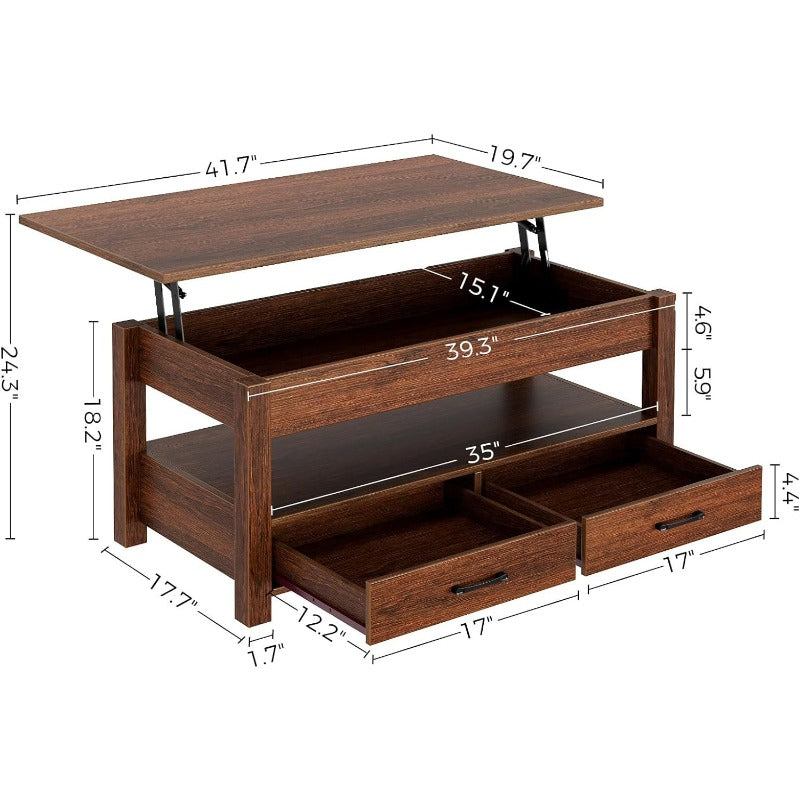 Coffee Table, 120cm Lift Top Coffee Table with Drawers and Hidden Compartment, Retro Central Table with Wooden Lift Tabletop, for Living Room