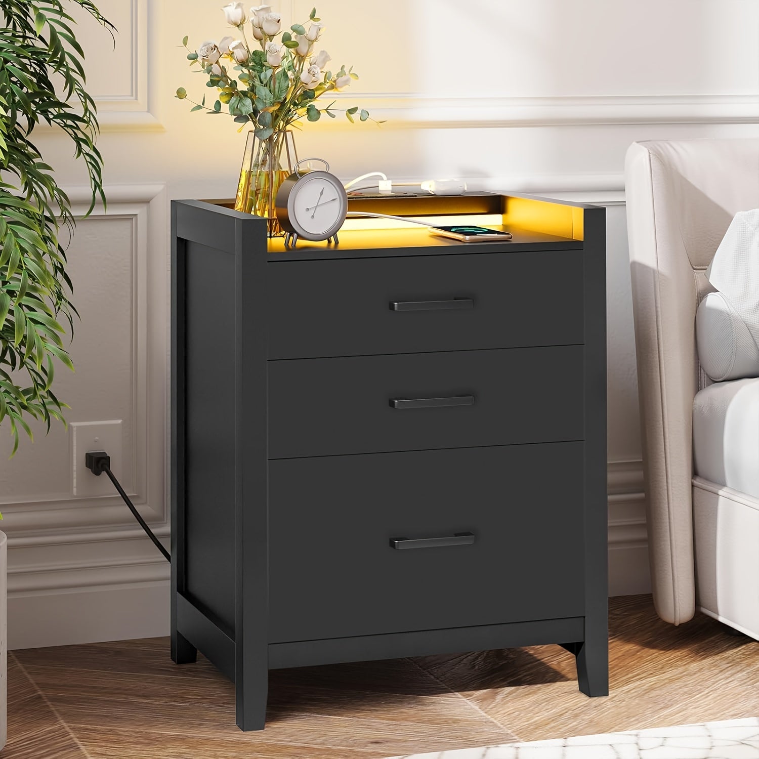 Black Nightstand with LED Light and Charging Station, Nightstand with 3 Drawers, End Side Table with USB Ports and Outlets, Modern Bedside Table for Bedroom, 1pcs