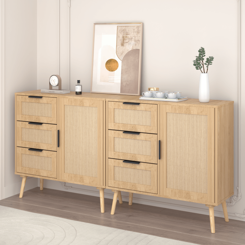 Chic Modern Rattan & Wood Dresser with Natural Woven Texture - 3-Drawer Storage Cabinet with Black Handles, Open Compartments for Bedroom, Living Room, Entryway - No Power Needed, Dresser for Bedroom