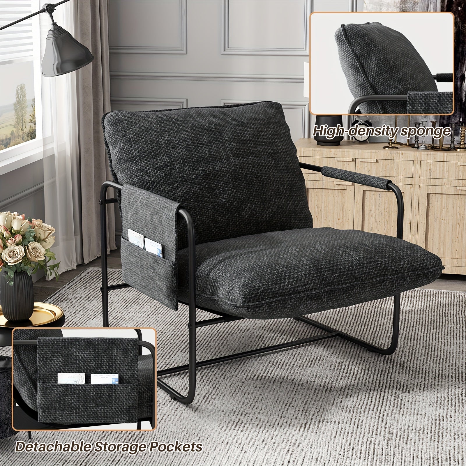 Sling Accent Chair Living Room, Metal Framed Armchair With Removable Storage Bag, Upholstered Living Room Chairs