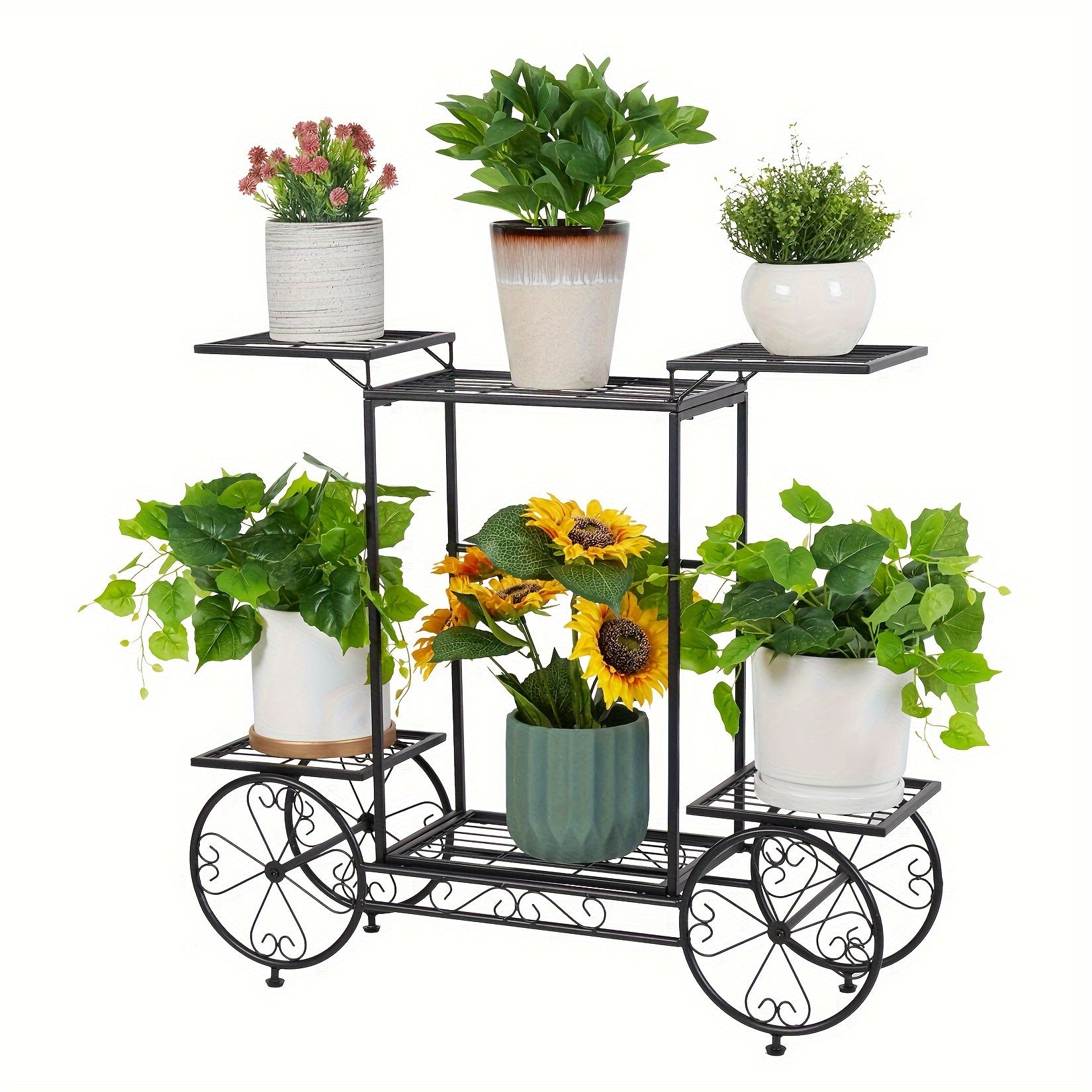 6-Tier Metal Garden Cart Stand Iron Plant Rack Home Porch Flower Display Holder