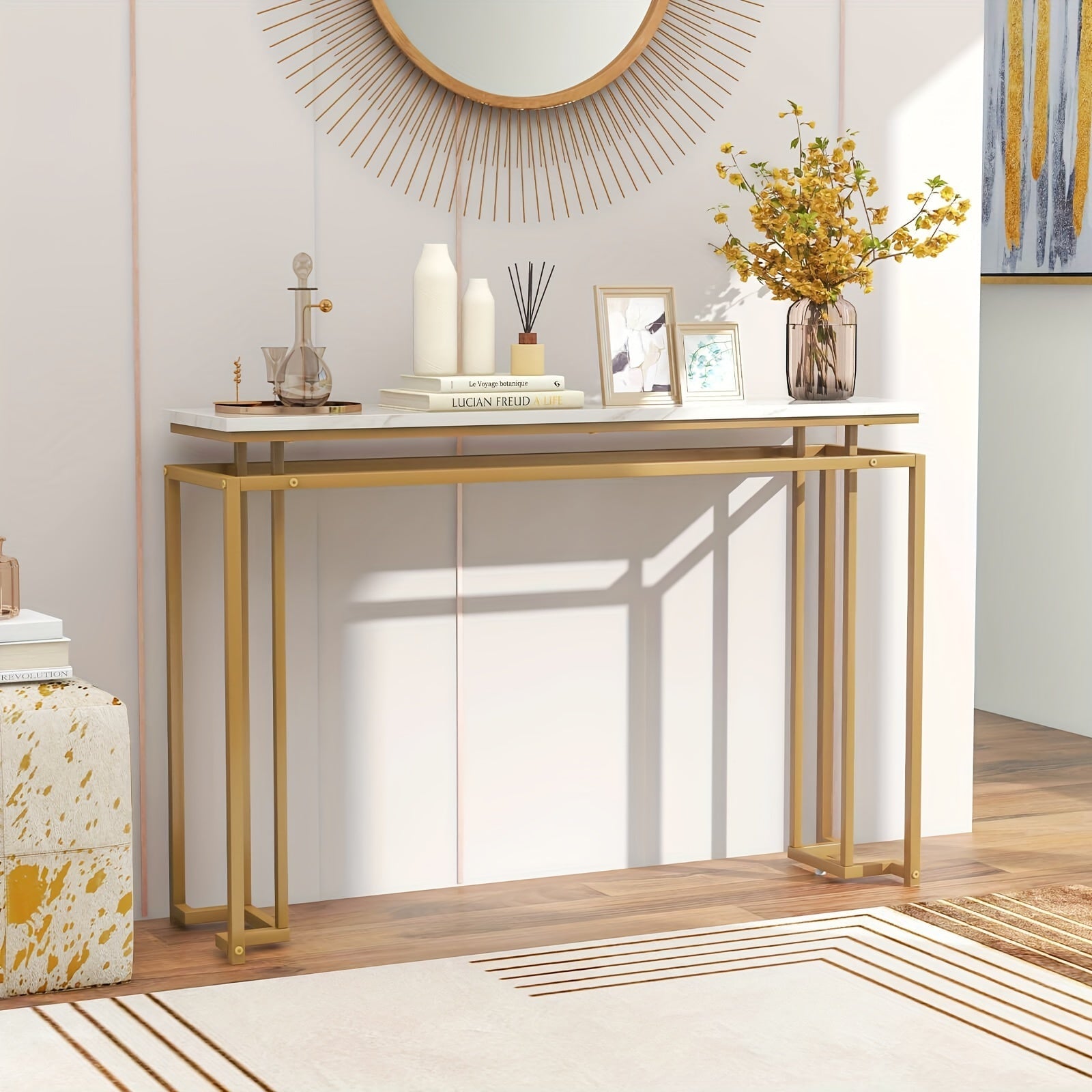 Elegant 47" White Faux Marble Top Console Table with Golden Metal Frame - Modern Entryway Table with Anti-Toppling Kit, Adjustable Feet for Stability, Waterproof & Durable - Perfect for Decor & Everyday Use, Console Table for