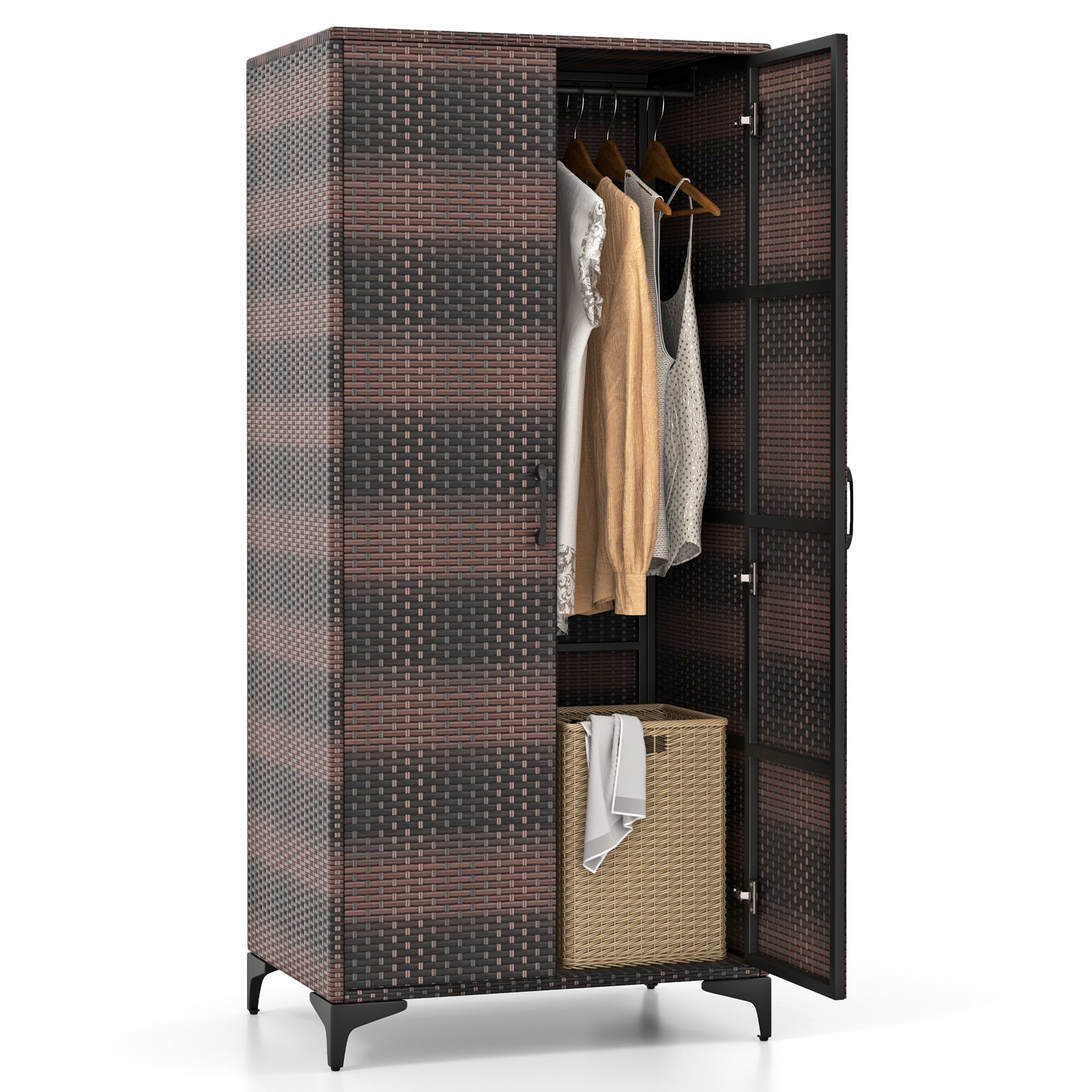 Wicker Wardrobe with 2 Doors, 62" PE Rattan Wardrobe Armoire Closet w/ Hanging Rod & 4 Storage Cubes, Clothes Organizer for Bedroom, Storage Cabinet for Home, Patio, Garage, Black/Mix Brown