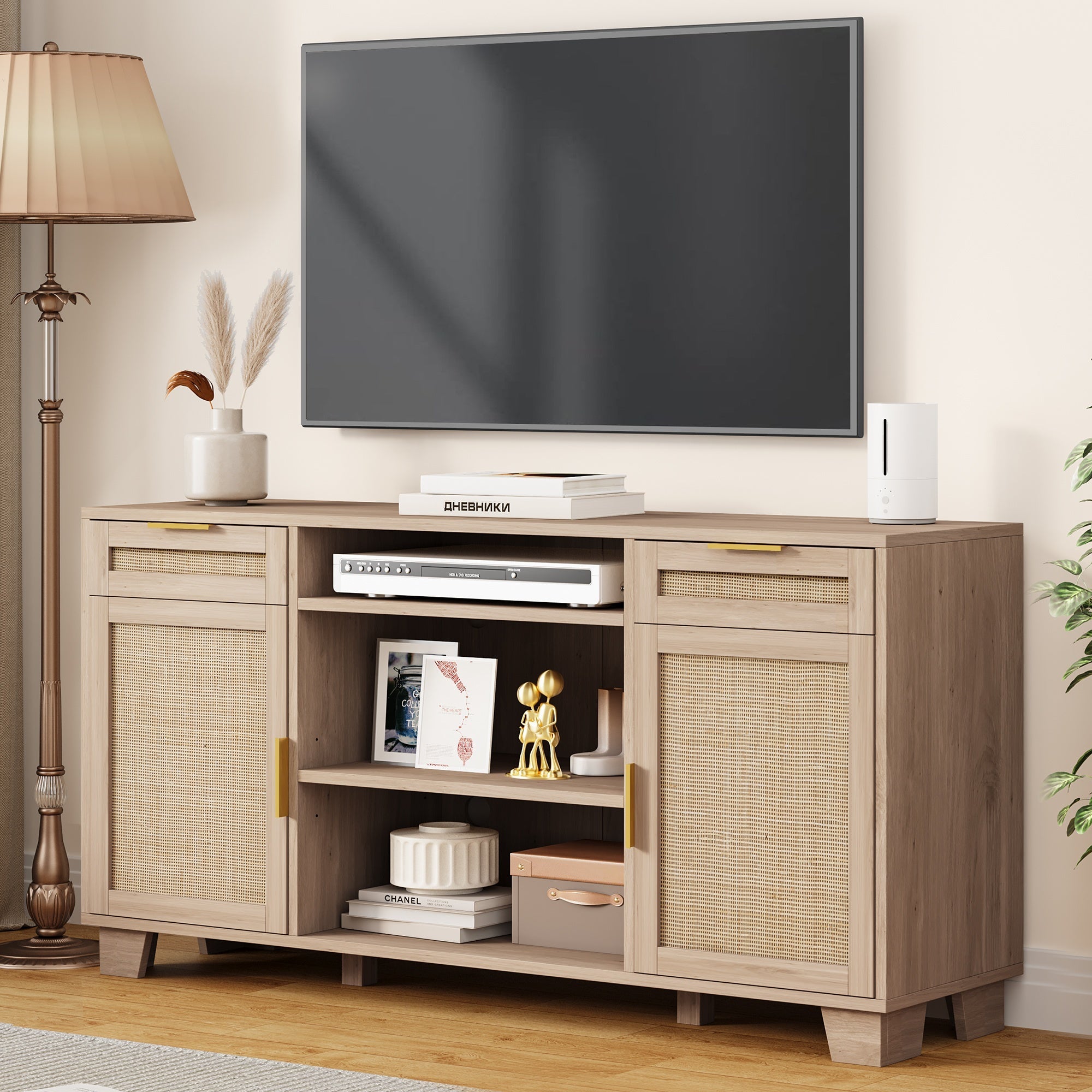 Boho TV Stand for 55- 65 Inch Tvs, Featuring a 58" Rattan Console with Mid- Century Modern Design. Includes 2 Drawers And an Adjustable Shelf for Storage