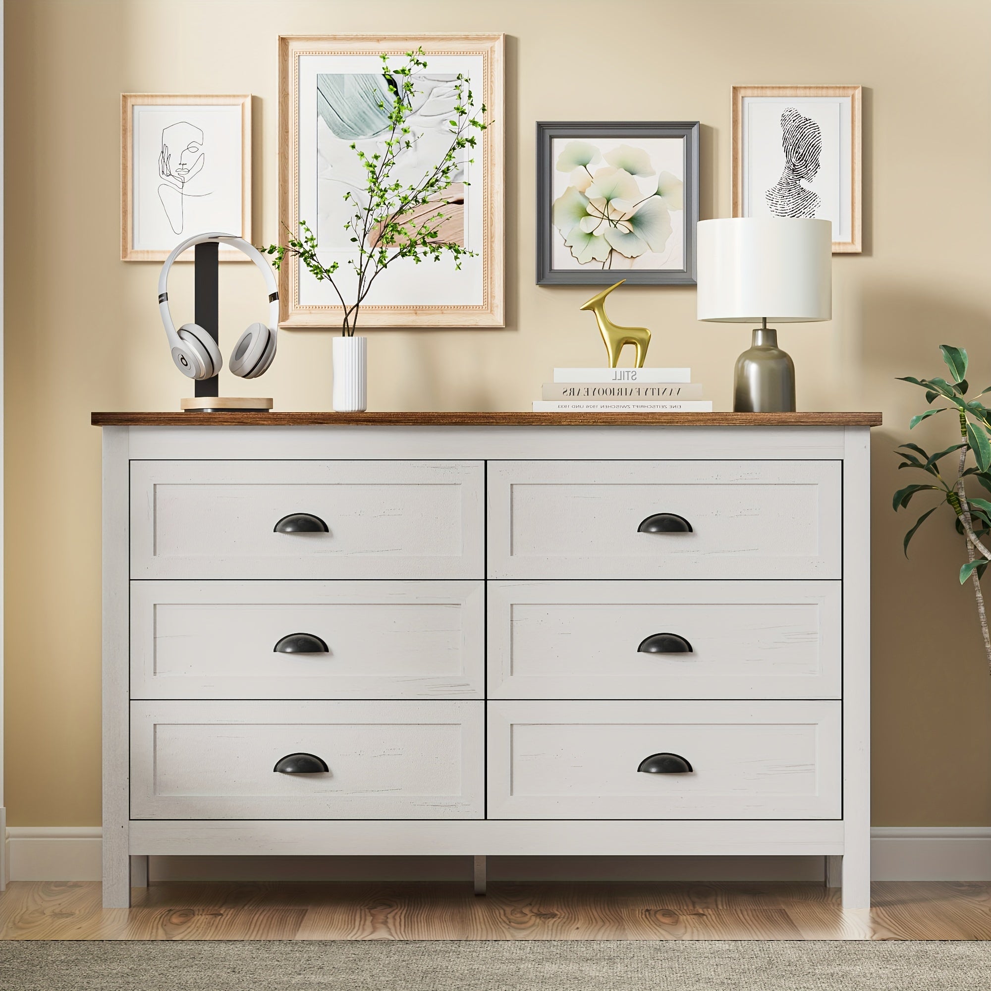 Farmhouse Dresser For Bedroom, Modern 6 Drawer Double Dresser For Bedroom With Vintage Handle, Wide Wood Dressers & Chests Of Drawers, 6 Drawer Dressers For Hallway