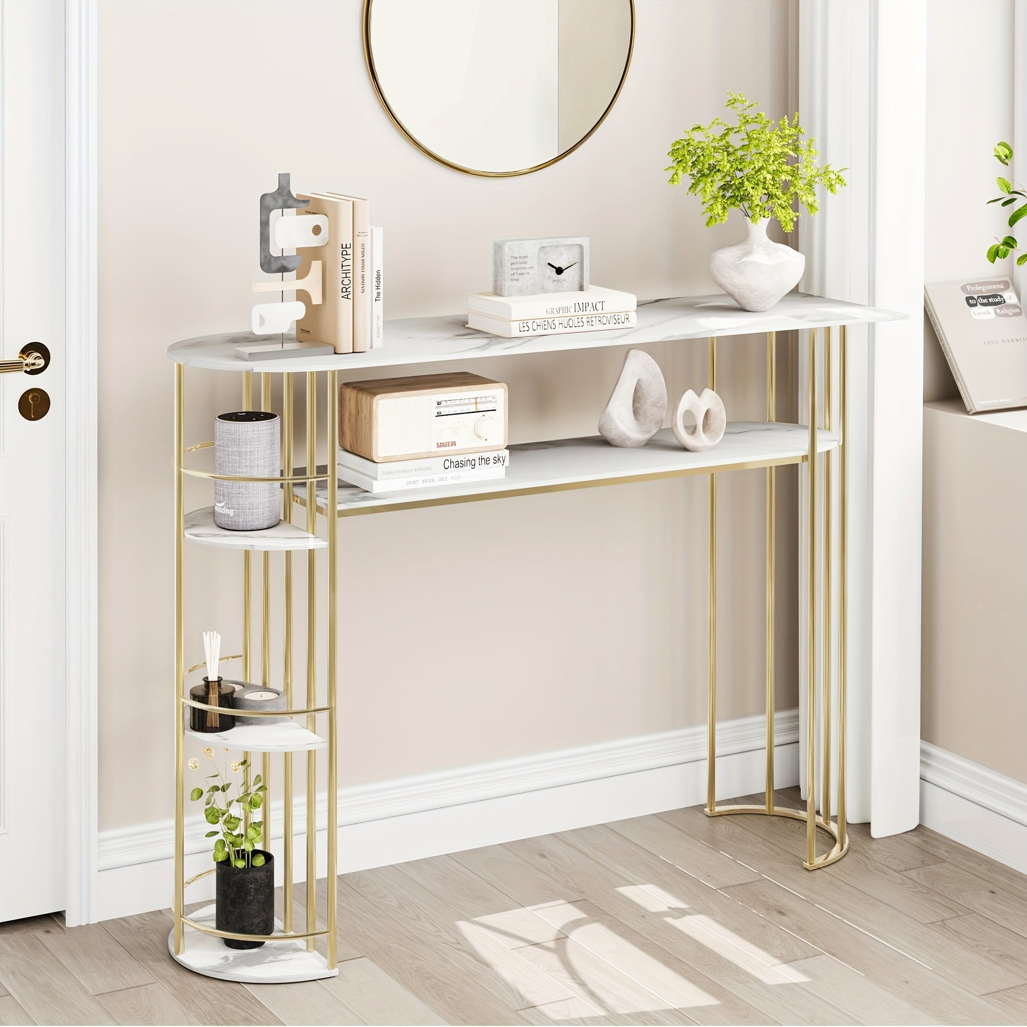 Gold Console Table, Narrow Entryway Table With Storage And Shelves, 43.5" Behind Couch Table For Living Room, Foyer, Or Bedroom