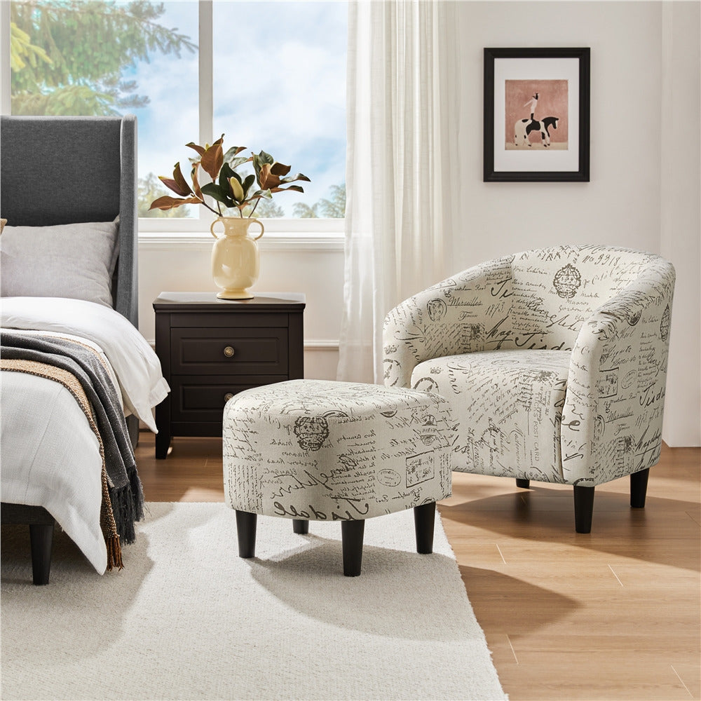 Barrel Chair and Ottoman Set with Boucle Fabric or Faux Leather Upholstery, Contemporary Club Chair with Ottoman, Accent Armchair with Footrest for Living Room, Bedroom, Guestroom, Stylish Upholstered Furniture Set i