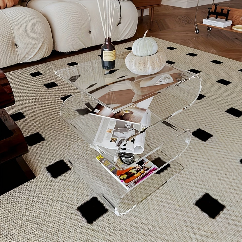 Modern Acrylic S-Shaped Sofa Side Table, Multifunctional Clear Accent Table for Home, Small Bedside Coffee Table with Pedestal Base, Mirror Finish, No Assembly Required, Coffee Table for Living Room