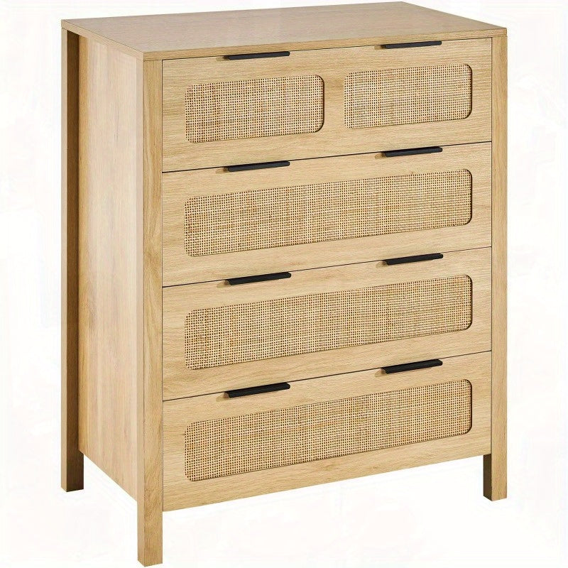 7 Drawer Rattan Dresser Boho Dresser Natural Rattan Chest of Drawers with Spacious for Bedroom Living Room and Hallway Rattan Nightstand with Sturdy HandlesandLegs Natural Wood