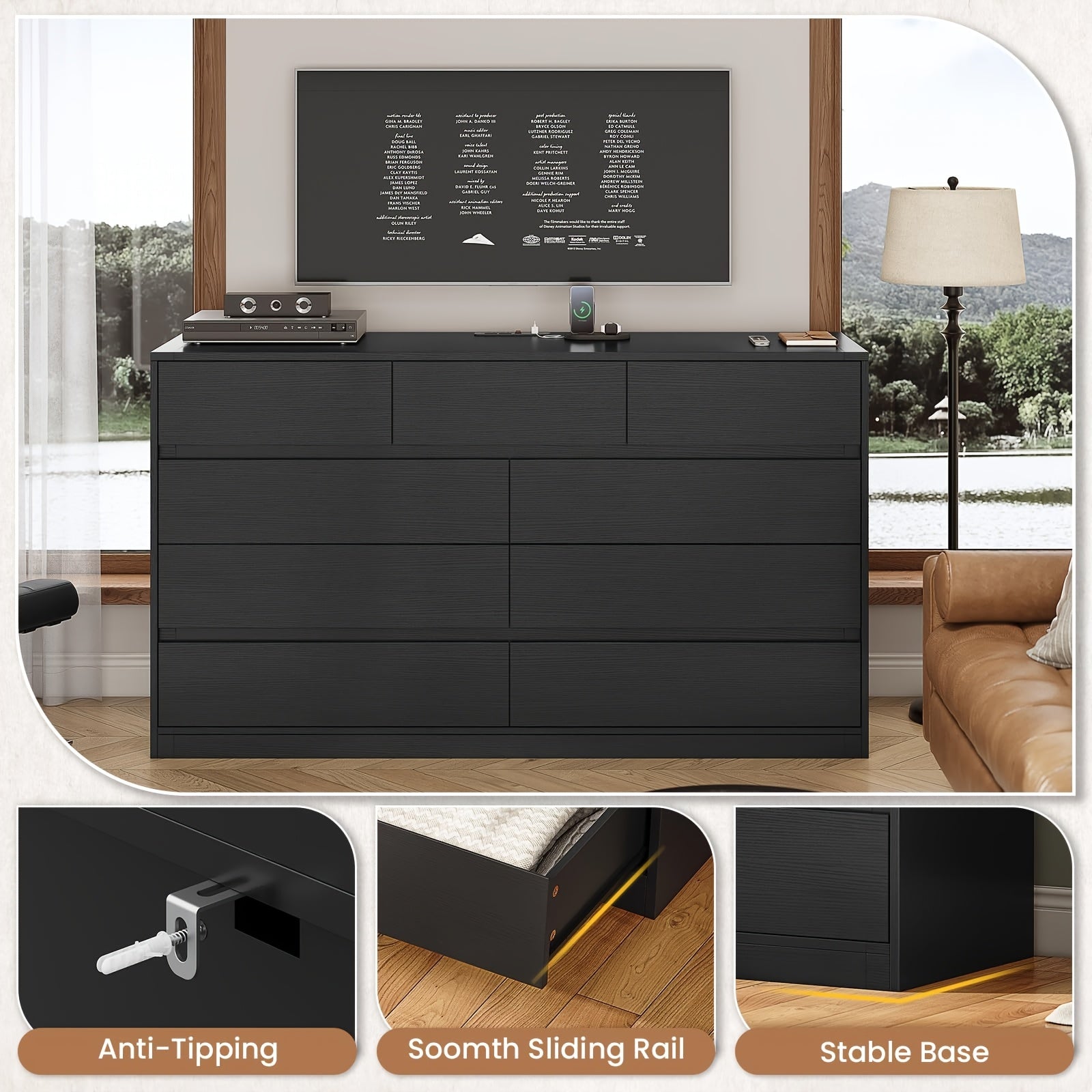 Black Vanity Dresser For Bedroom, 55.1" Long Dresser With 9 Drawers, Dressers & Chest Of Drawers, Handle Free Drawers For Bedroom Living Room, Black