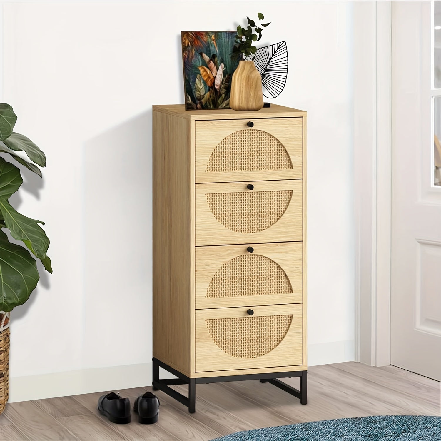 Dresser with 4 Drawers, Tall Wooden Bedside Table with Metal Base, Wood Accent Table with Storage, Rattan Nightstand for Bedroom, Dorm and Small Spaces, Retro Style