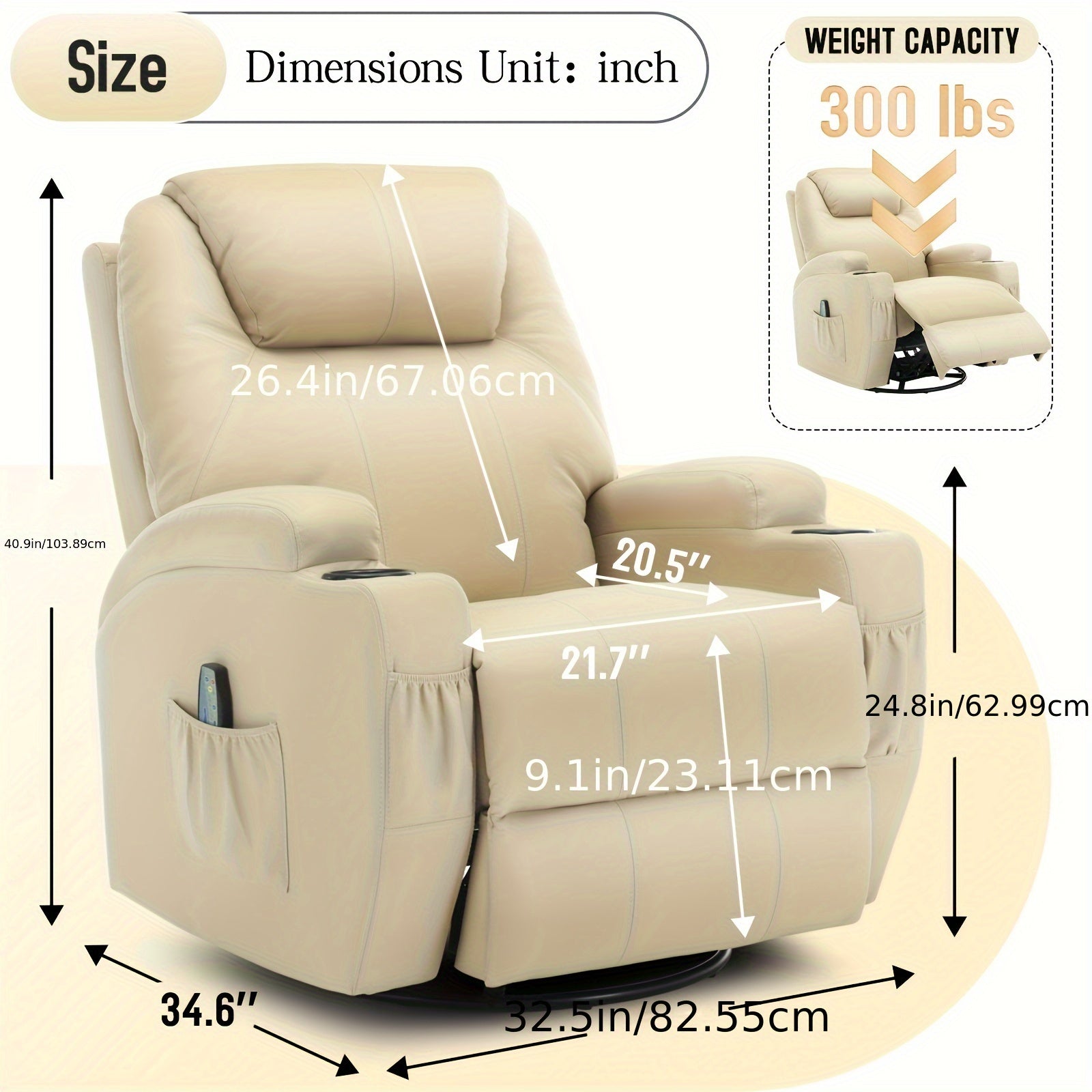 Recliner Chair, Rocking Chair With Massage And Heat, 360° Swivel Recliner Chairs For Adults, Rocker Manual Recliner With Remote Control And Cup Holder For Living Room