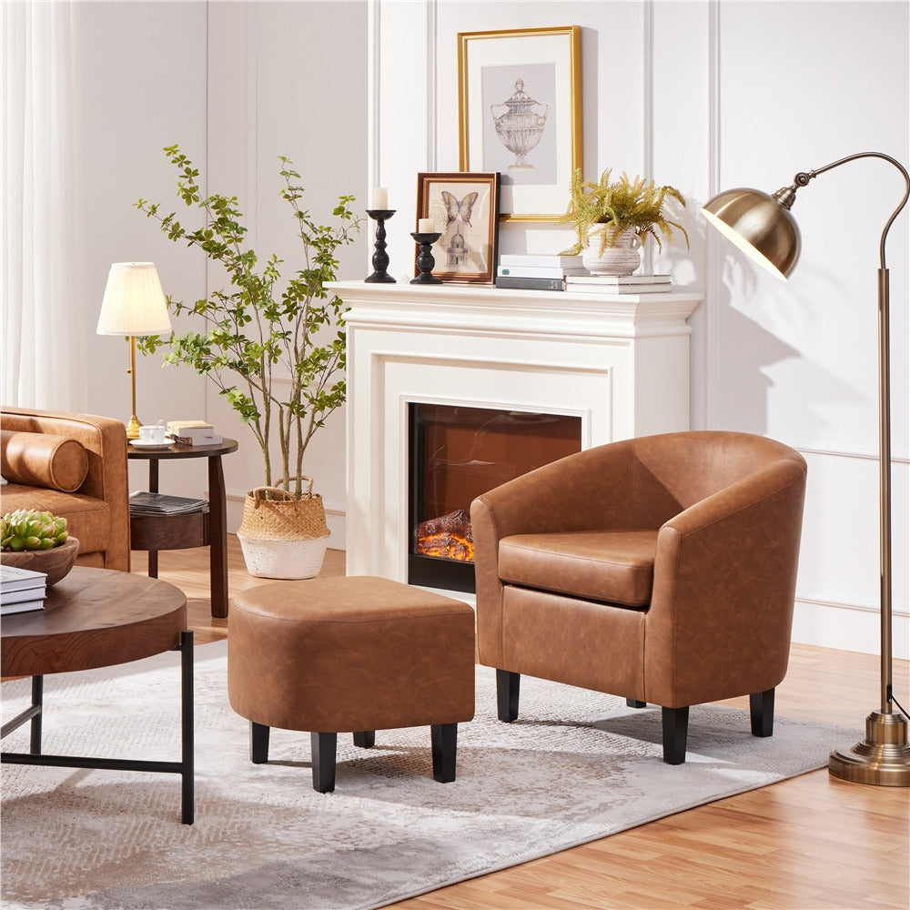 Barrel Chair and Ottoman Set with Boucle Fabric or Faux Leather Upholstery, Contemporary Club Chair with Ottoman, Accent Armchair with Footrest for Living Room, Bedroom, Guestroom, Stylish Upholstered Furniture Set i