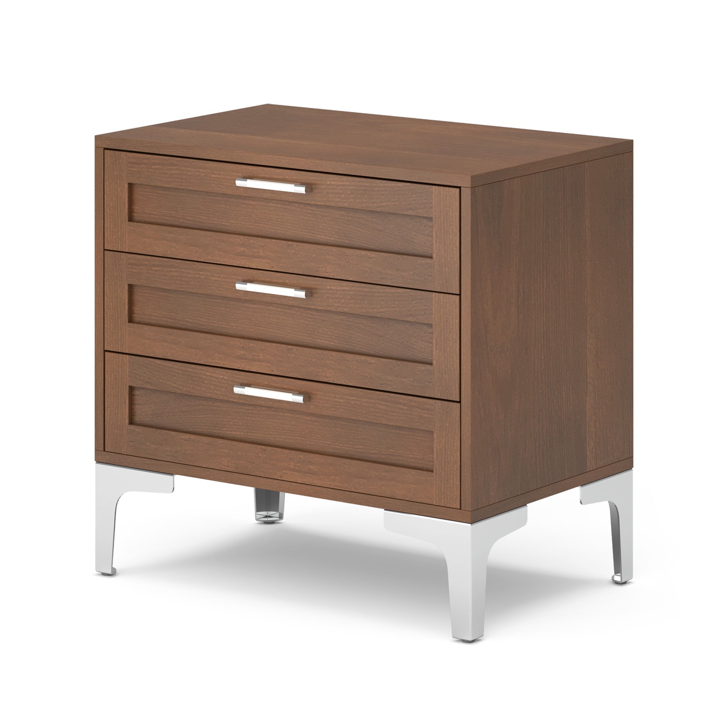 Modern Walnut 3-Drawer Nightstand with Polished Silvery Legs - Mid-Century Style Wooden End Table for Bedroom & Living Room, Freestanding Storage Organizer