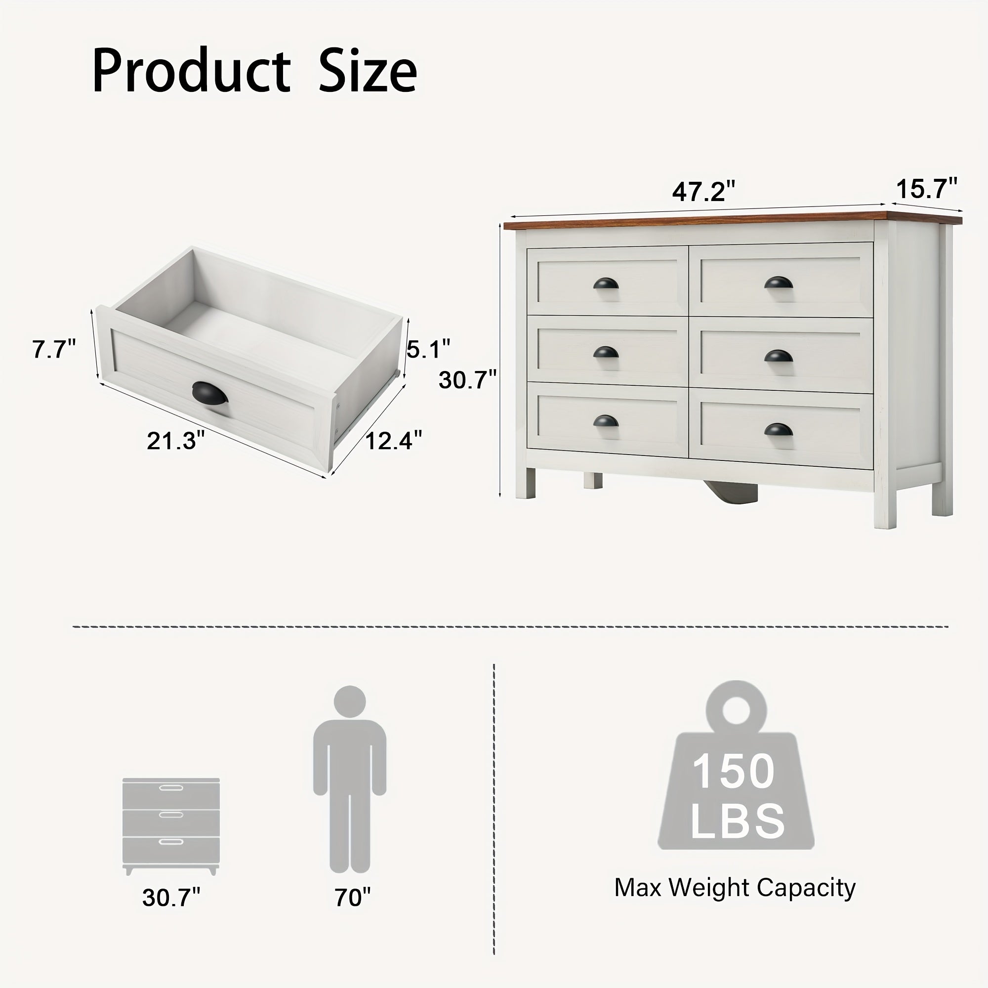 Farmhouse Dresser For Bedroom, Modern 6 Drawer Double Dresser For Bedroom With Vintage Handle, Wide Wood Dressers & Chests Of Drawers, 6 Drawer Dressers For Hallway