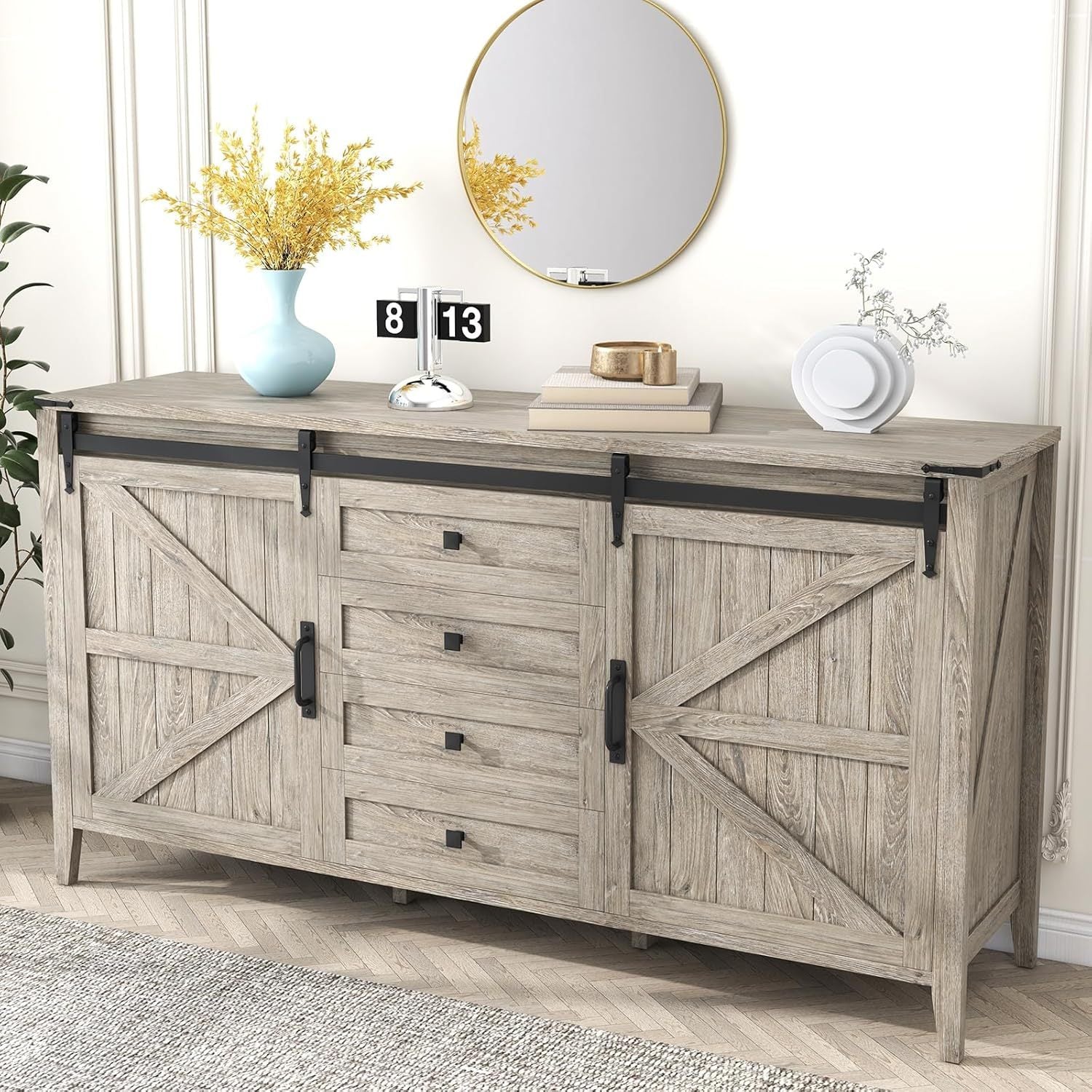 60 Inch Farmhouse 4 Drawers Dresser for Bedroom with Sliding Barn Doors, Natural Texture Wood Rustic Chest of Drawers for Living Room Bedroom Hallway Driftwood Gray