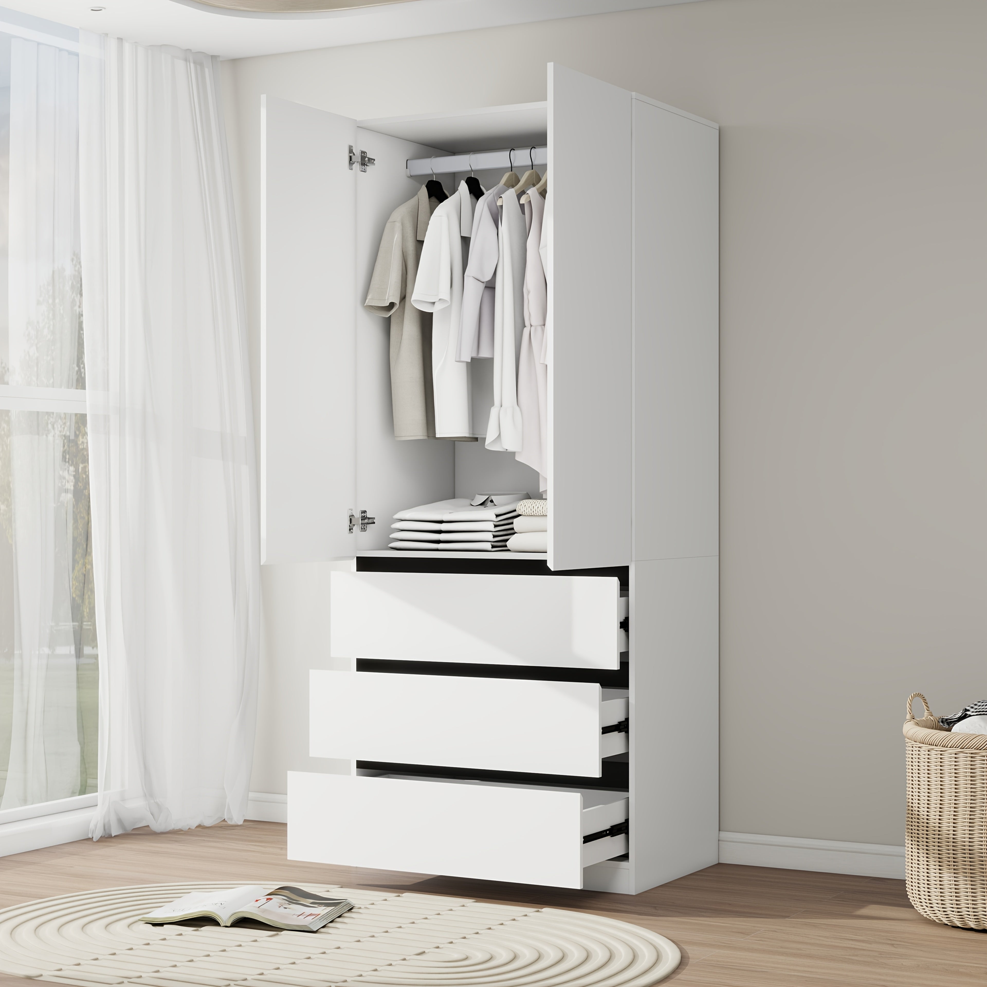 Bedroom Armoire Wardrobe Closet With 3 Drawers, 75" White Wardrobe Closet With 2 Doors, Modern Cabinet For Clothes With Shelves, Wood Closet For Hanging Clothes