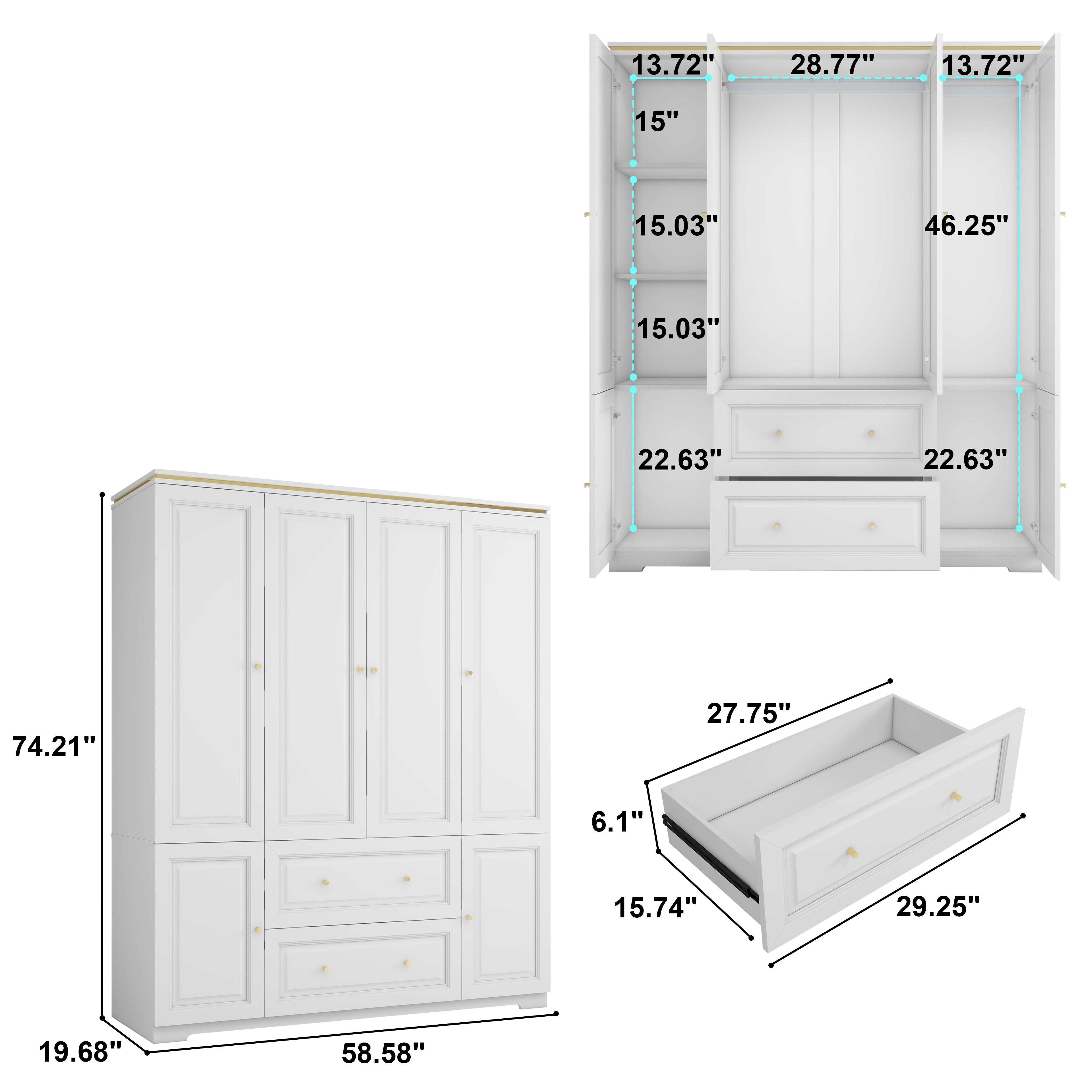 Bedroom Armoires Wardrobe Closet With 4 Doors, 74" White Wardrobe Cabinet With 2 Drawers, Modern Wood Closet For Hanging Clothes, Large Wardrobe Storage Closet