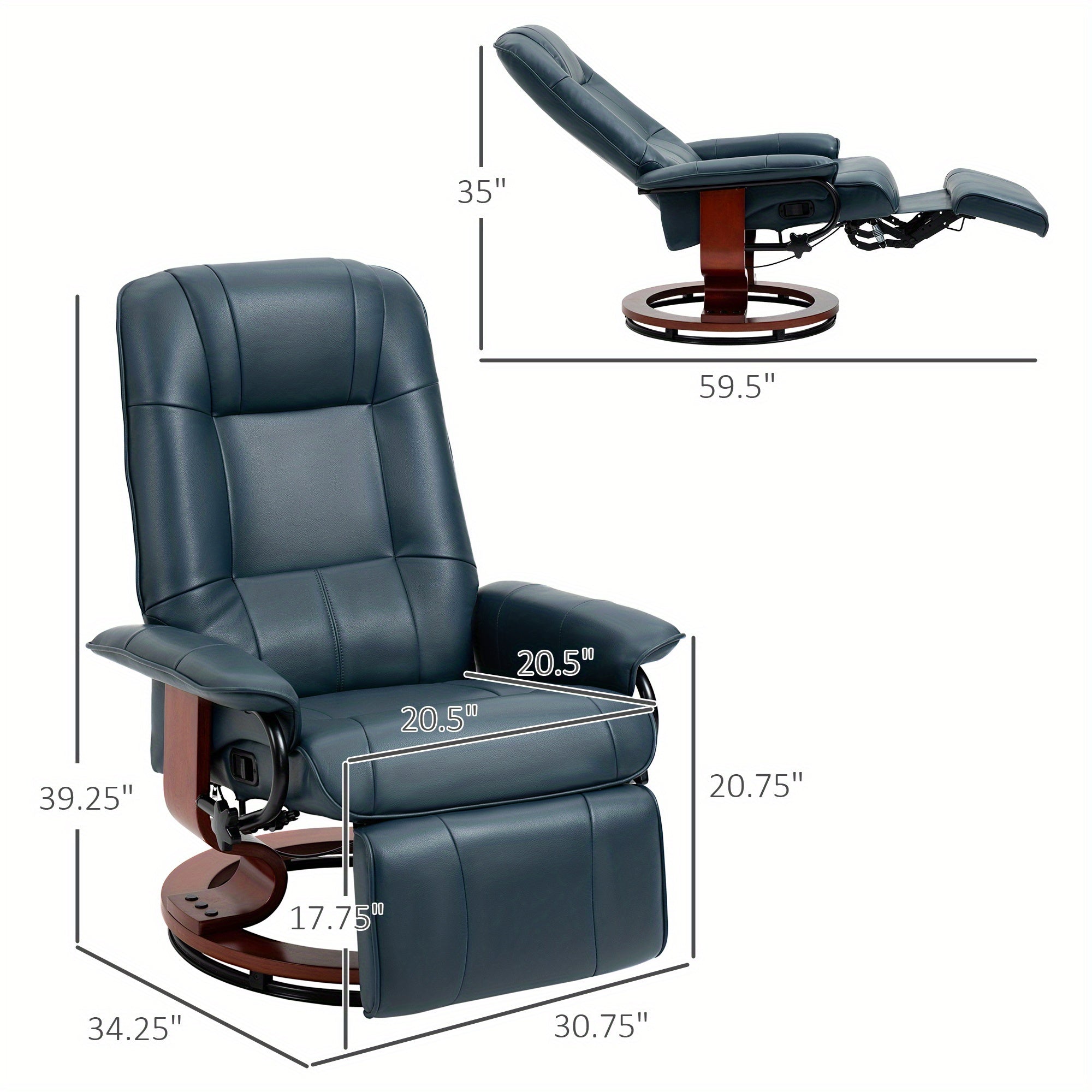 1pc Faux Leather Recliner Chair - Manual Swivel Lounge Chair with Adjustable Backrest, Footrest, and Solid Wood Base - Padded Fabric Seat for Living Room, Hardwood Frame, Partial Cleaning Care, Blue