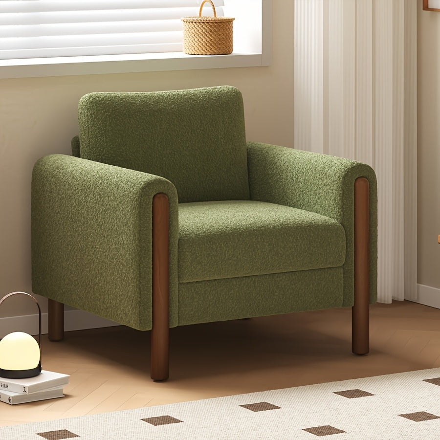 Luxurious Green Upholstered Accent Chair with Walnut Legs and Curved Armrest - Soft Cushioned Single Sofa for Living Room