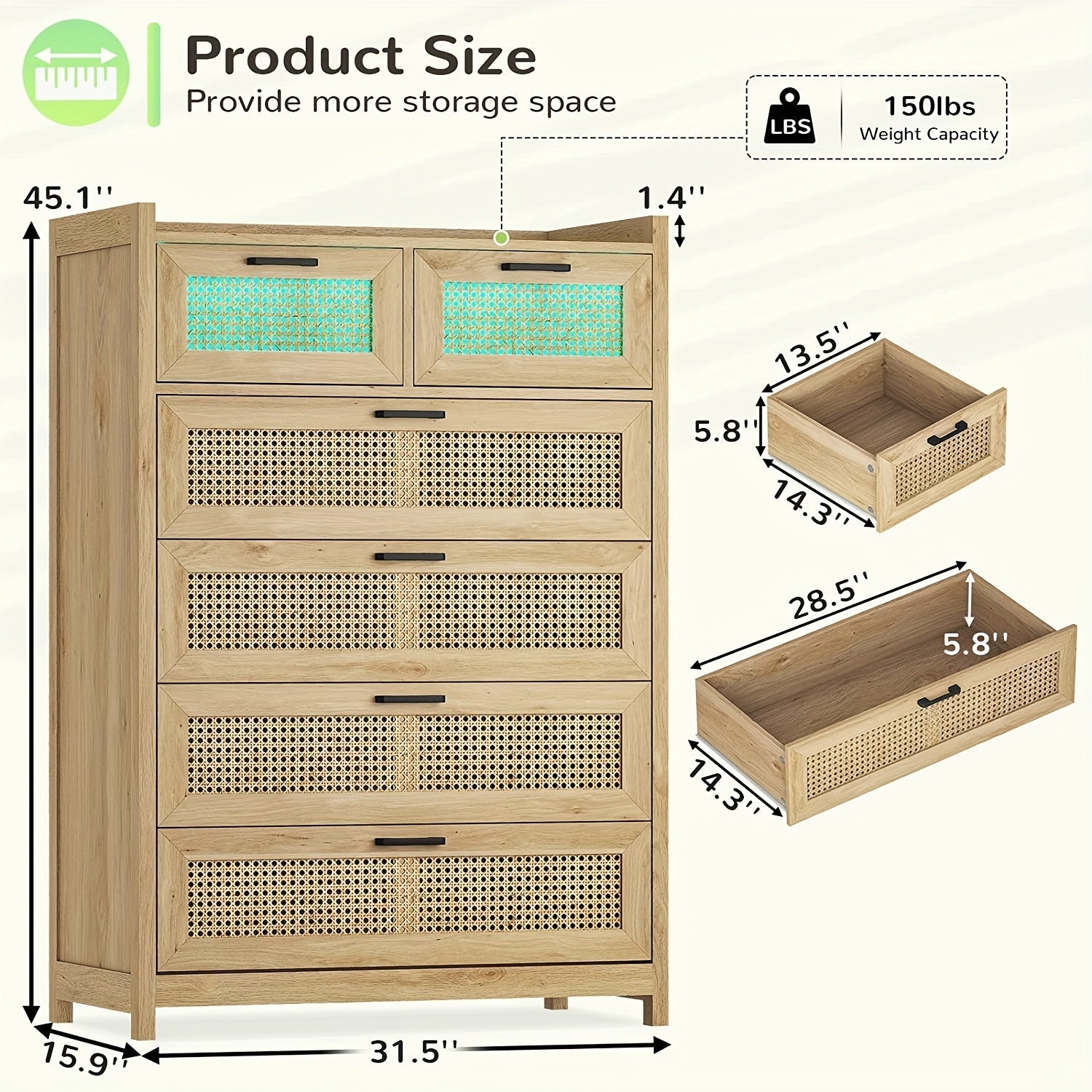 Rattan Dresser With LED Lights For Bedroom 6 Drawer Dresser Chest Of Drawers For Bedroom, Living Room, Hallway