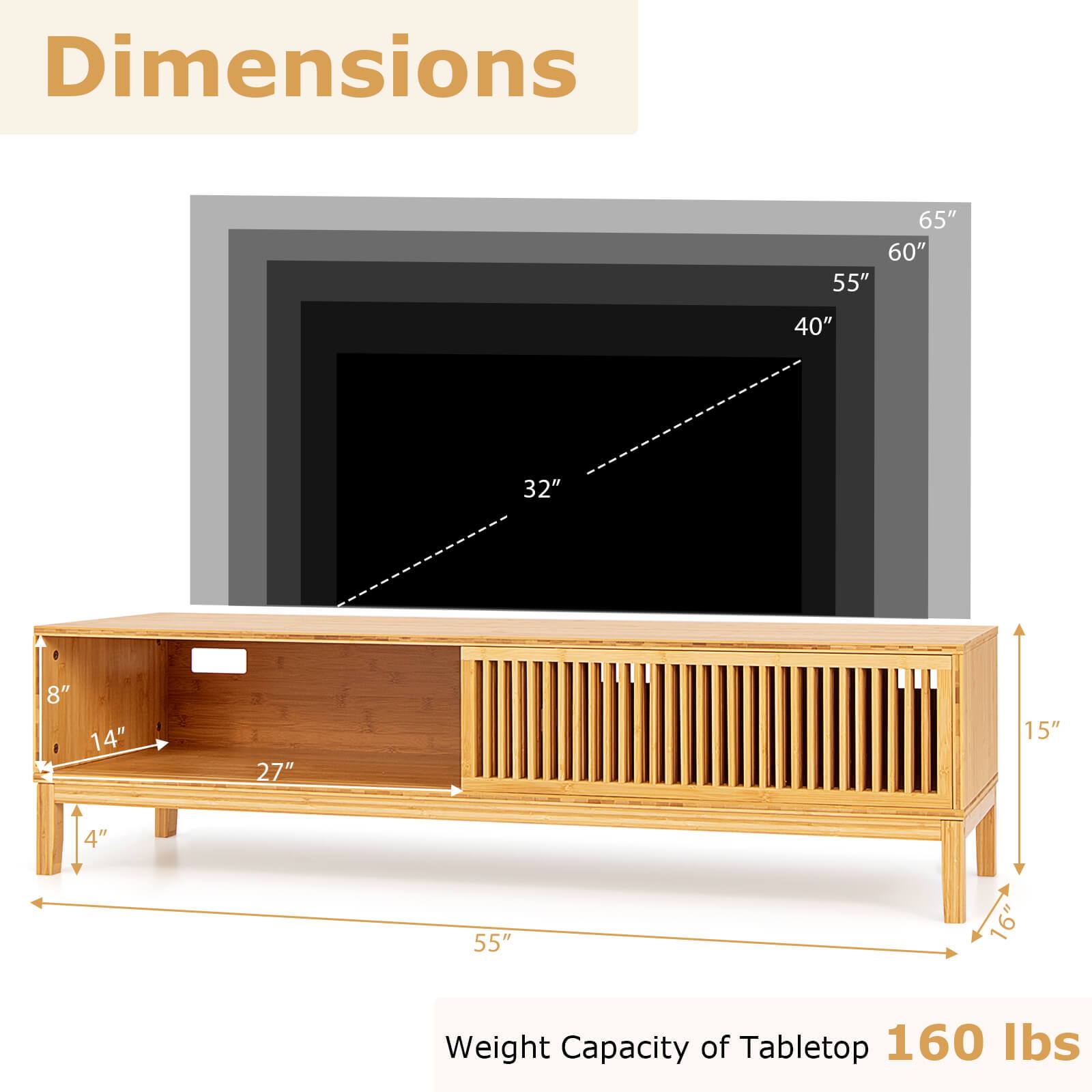 Chic Bamboo TV Stand with Sliding Doors - Holds Up to 65’’ TV 5 Cable Holes Spacious Storage Compartments Durable &