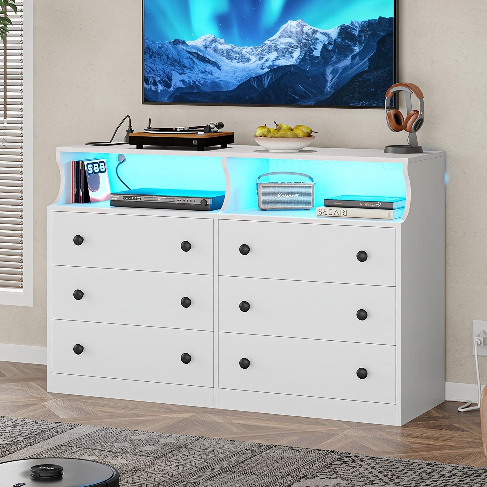 Bedroom Dresser 6 Drawer Double Dresser With Charging Station With Open Storage White - White - Dresser Westberry