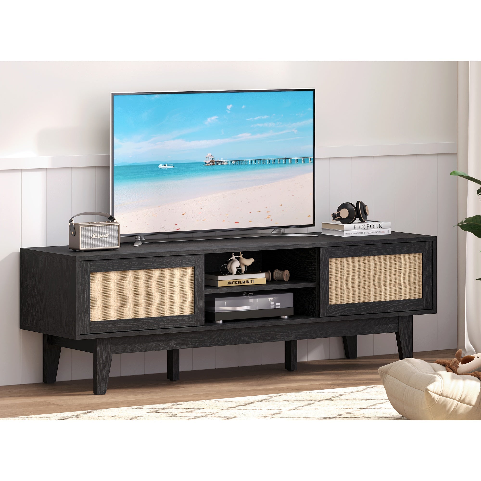 Rattan TV Stand 40-65 Inch for Living Room, Boho Entertainment Center with 2 Storage Cabinets Television Stands for Bedroom with Sliding Doors Rattan TV Console with Storage