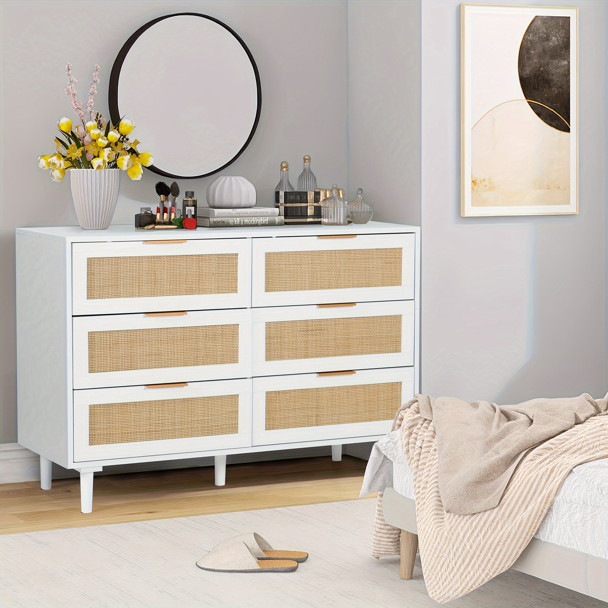 6 6 Drawer Dresser Rattan Dresser Modern Chest With Drawers Wood Storage Closet Dressers Chest Of Drawers - White