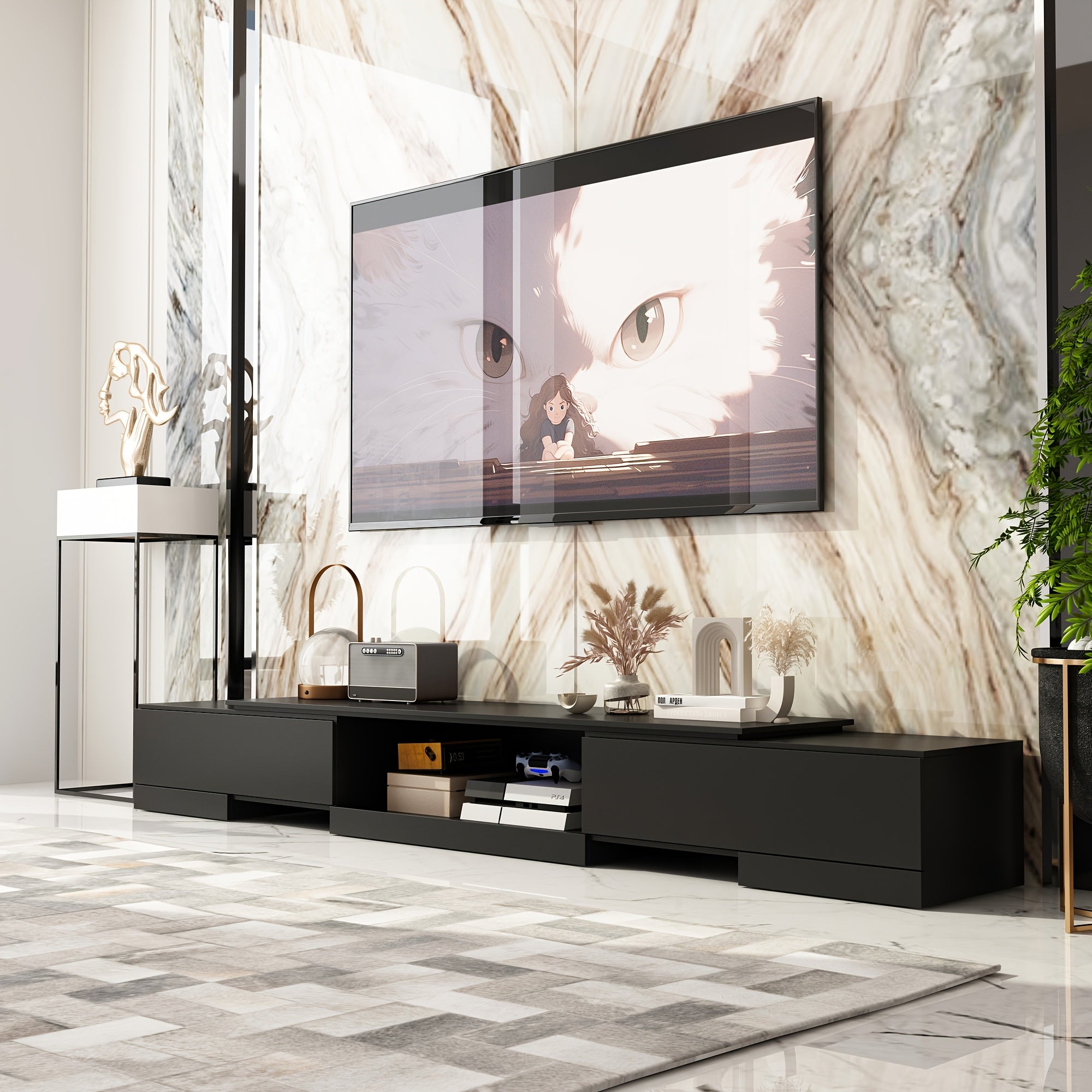 FUFU&GAGA Modern TV Stand, Hardwood & Wood-Based Panel Construction, Elegant Entertainment Center with Ample Storage, Independent Design, LED Vanity Table, with <3.2 Cubic Feet Closed Storage, for No Electricity Required