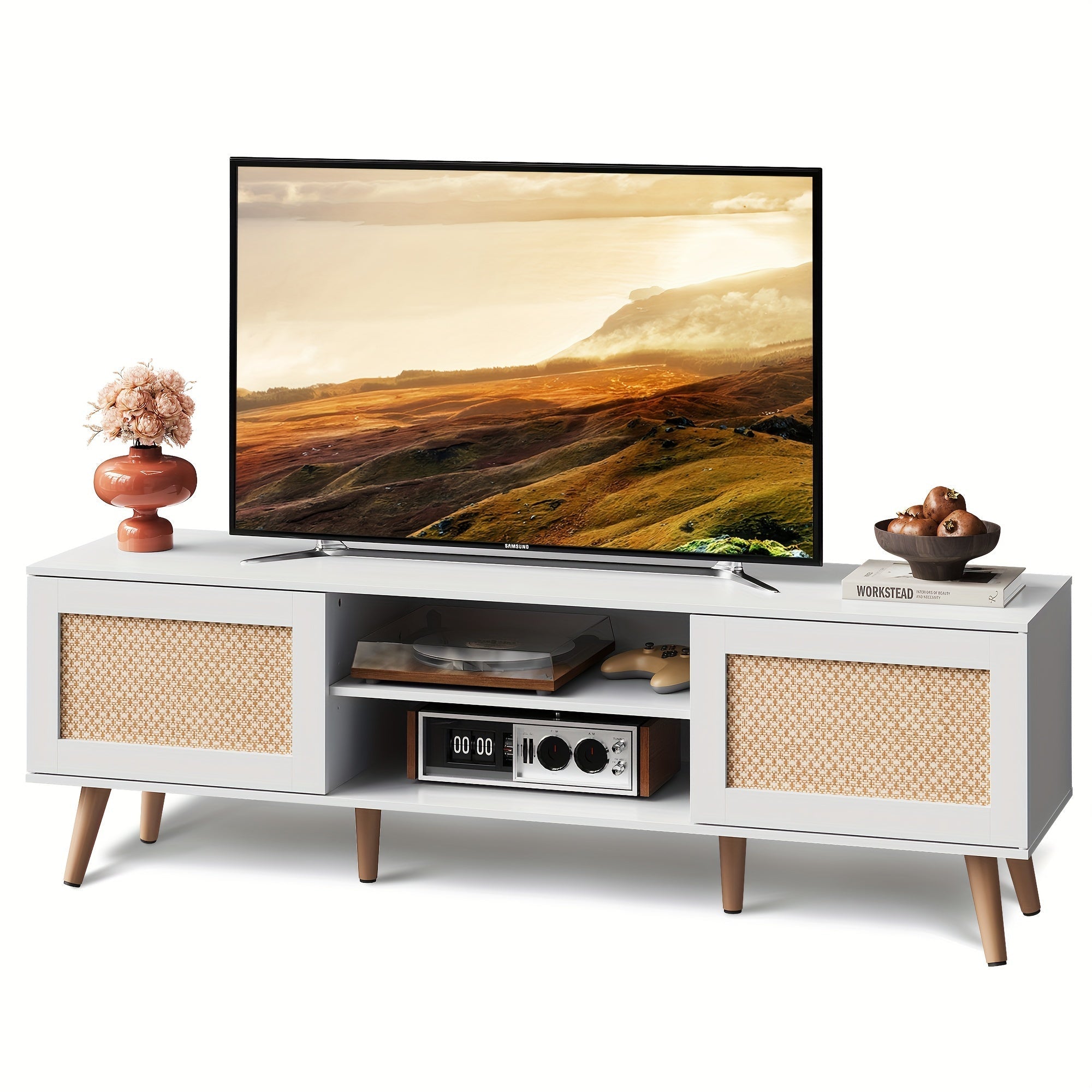 Rattern TV Stand for 65 Inch TV, Mid Century Modern Entainment Center with Rattern Doors, Boho TV Console with Storage Shelf and 2 Cabinets for Bedroom and Living Room