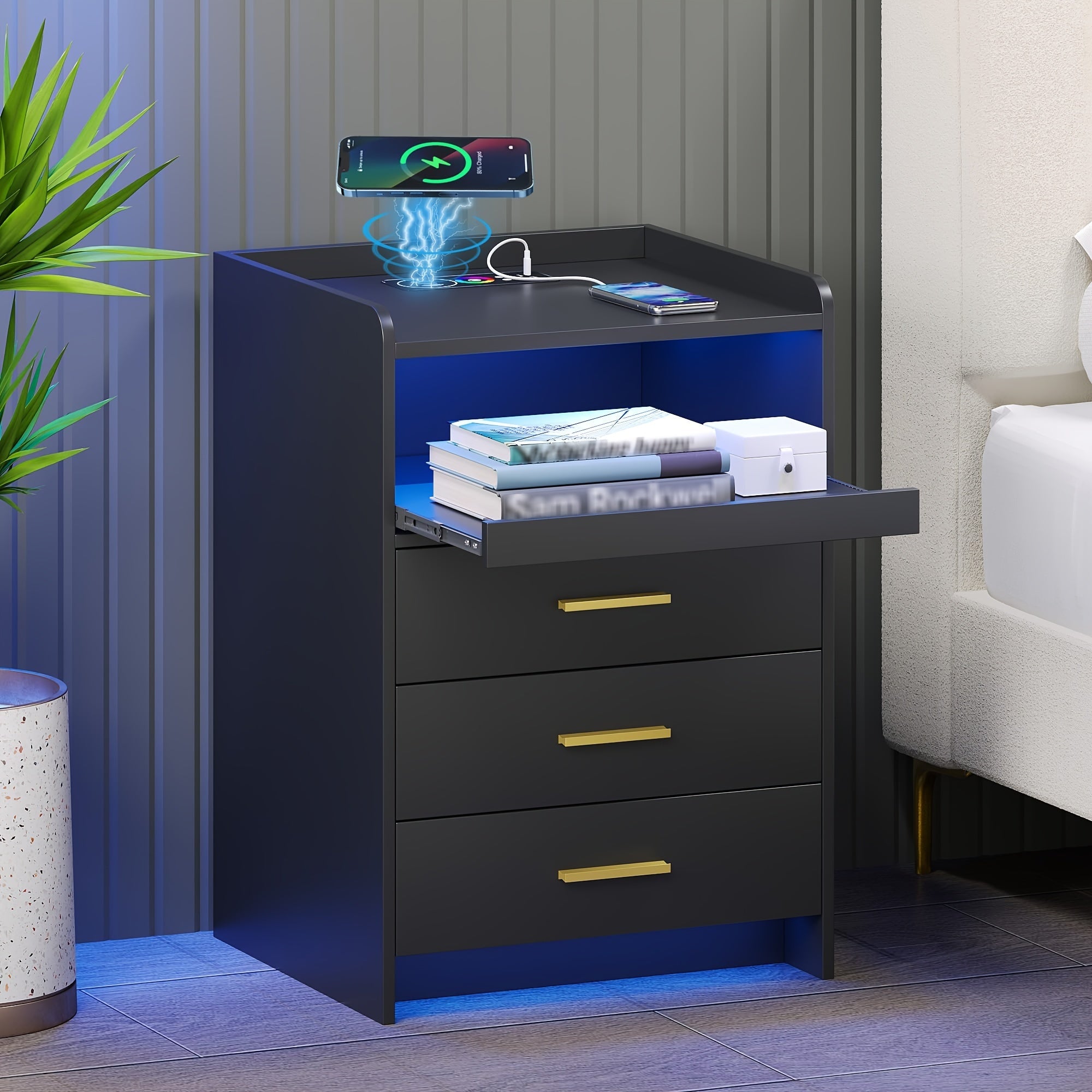 Nightstand With Wireless Charging Station Bedside Table With RGB Light & Human Sensor Design 3 Drawers LED Modern Night Stand End Table For Bedroom Livingroom Office- Black Storage Drawer Units