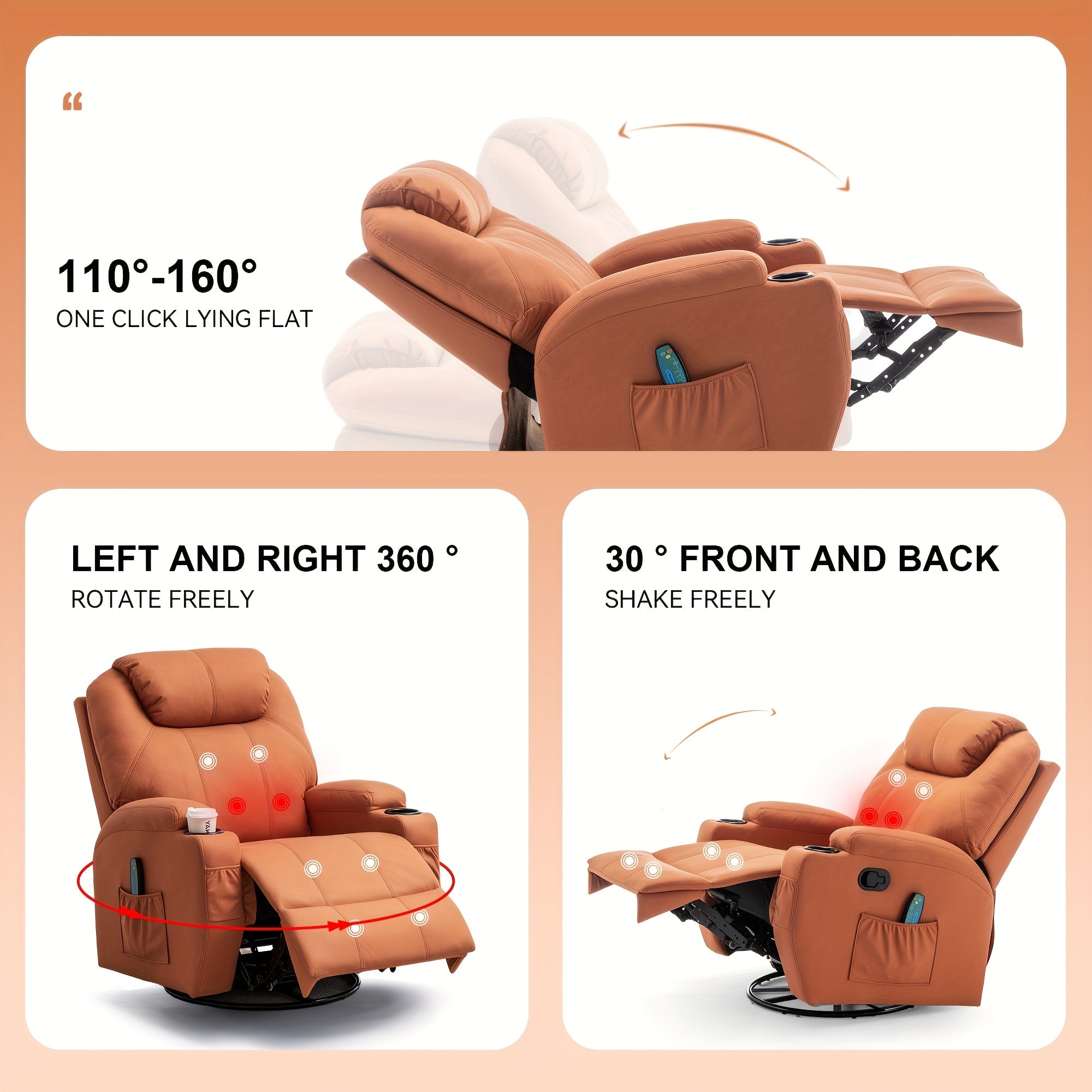 Ergonomic Orange Recliner Chair with Massage & Heat, 360° Swivel, Remote Control, Cup Holder - Manual Operation, Hardwood Frame