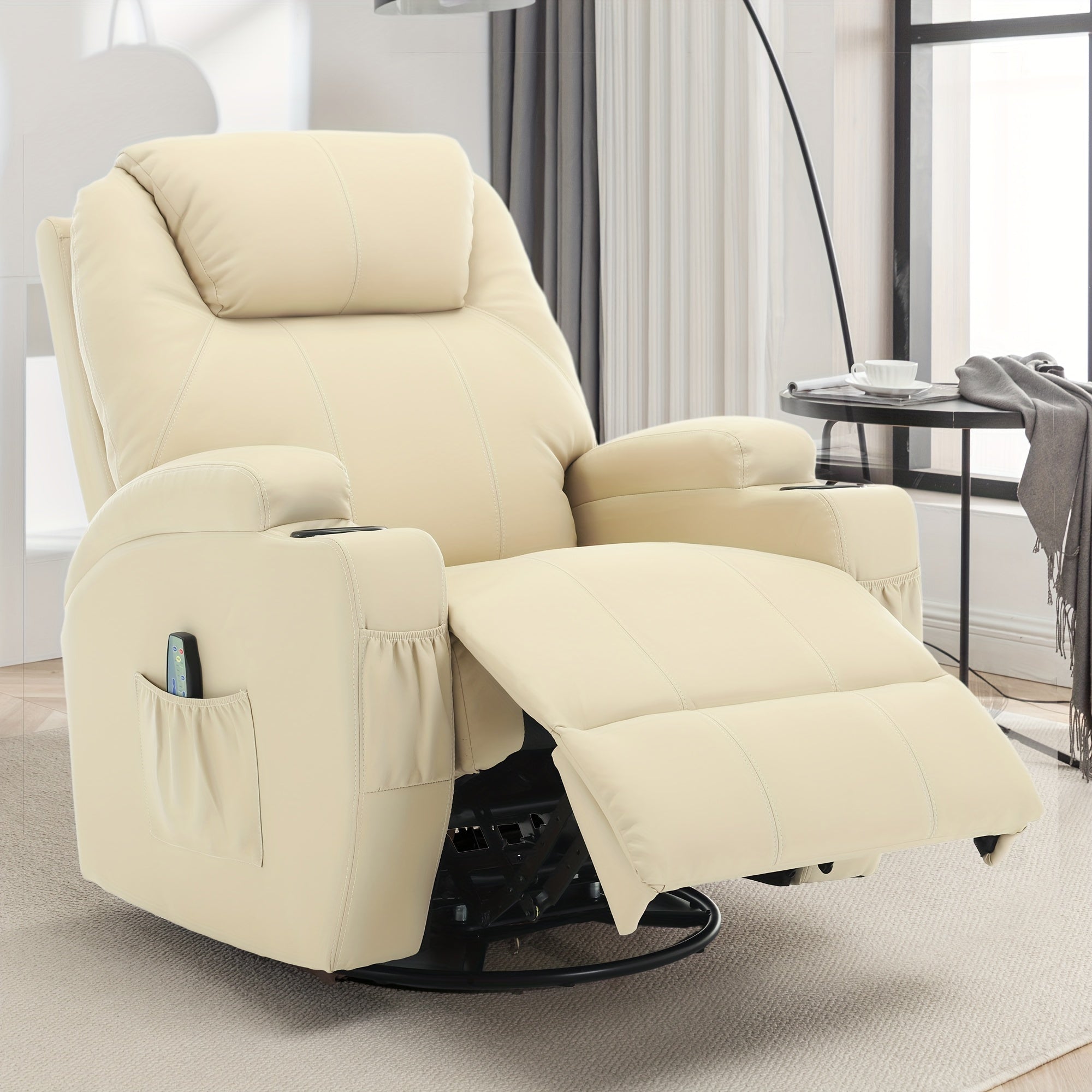 Luxurious Beige Faux Leather Recliner Chair with Heat & Vibration Massage | 360° Swivel Rocker, Side Pocket, Cup Holder | Ideal for Living Room, Bedroom, Conference Room | Powered by 110V/220V