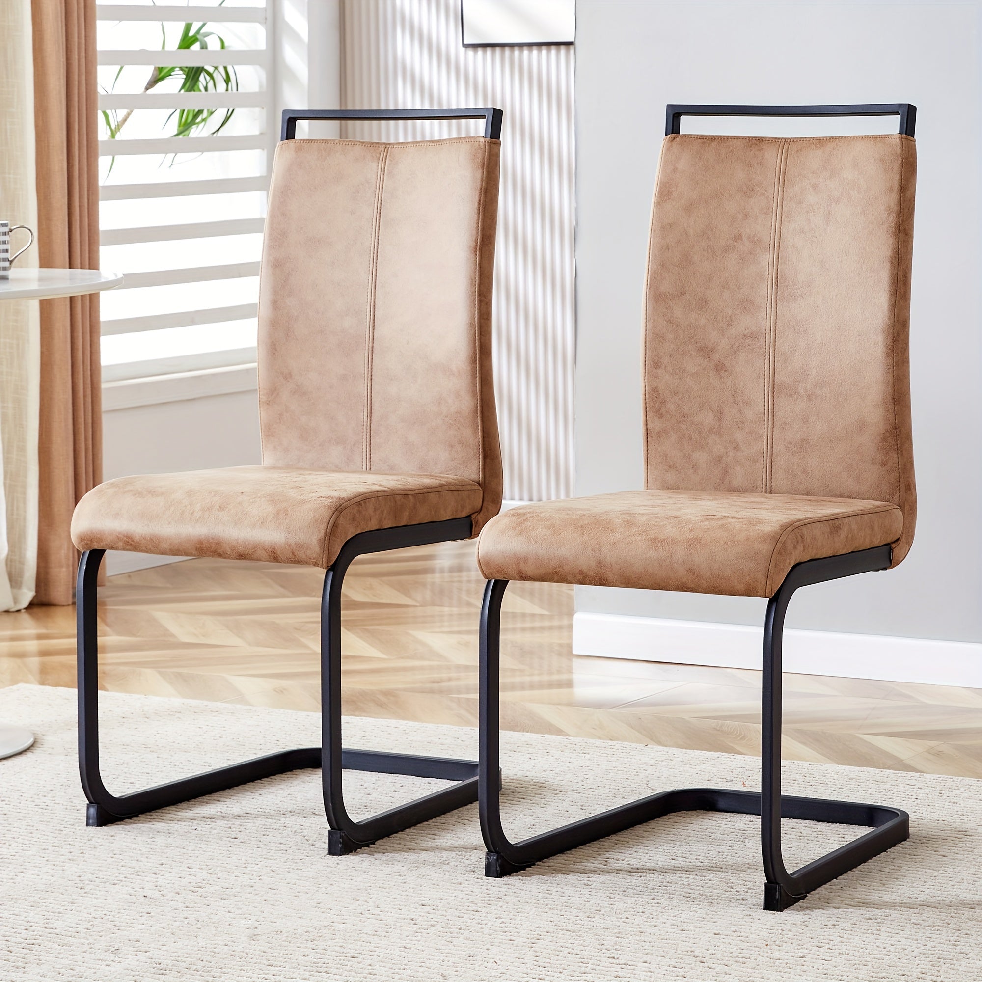 2-piece Set Of Brown Dining Chairs High-tech Fabric High Back Cushioned Side Chairs With C-shaped Black Metal Legs