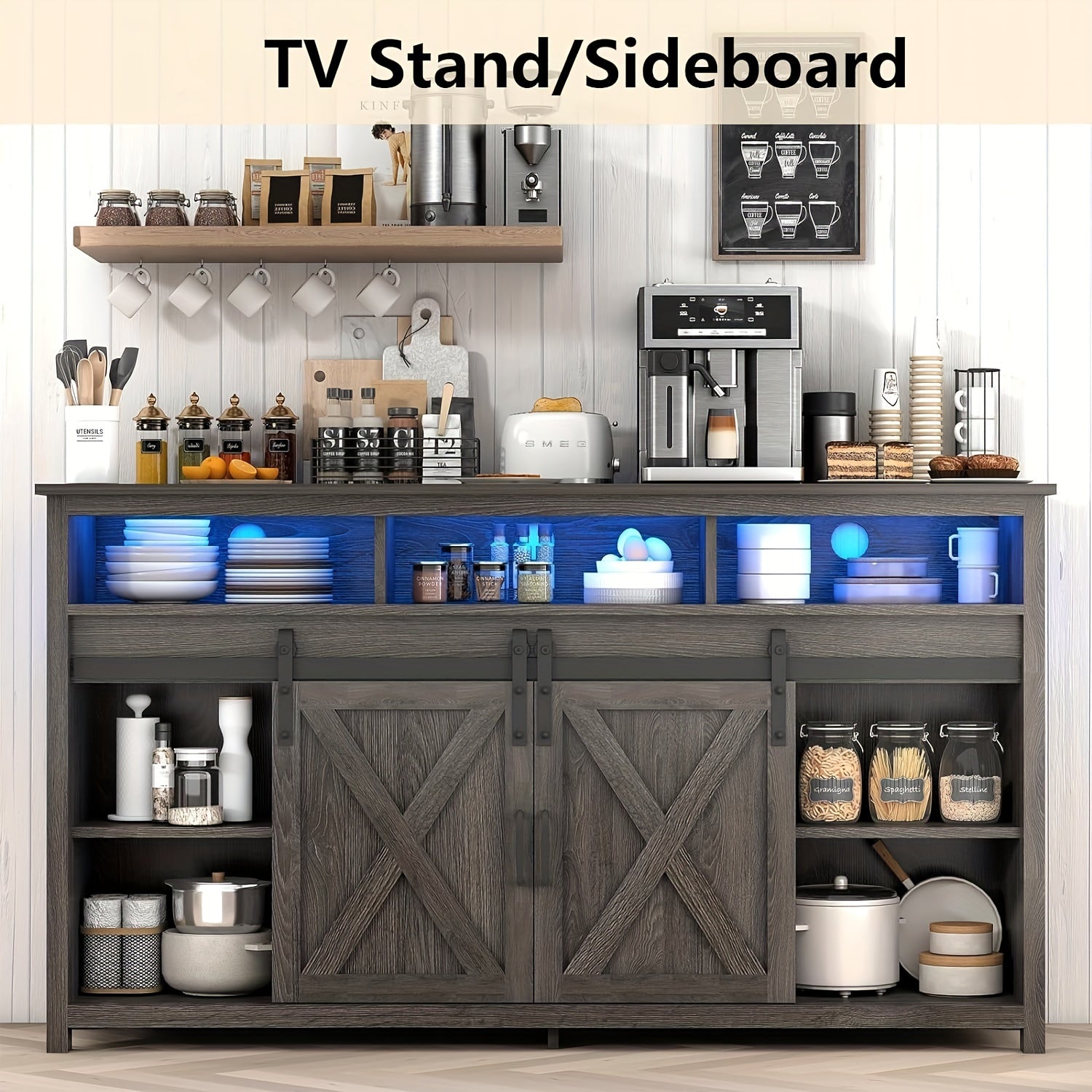 57" Wooden Farmhouse TV Stand For 60 65 Inch TV, Double Layer Storage Entertainment Center TV Console Table With Double-Row Sockets And 2 Sliding Barn Door, Media Cable Box