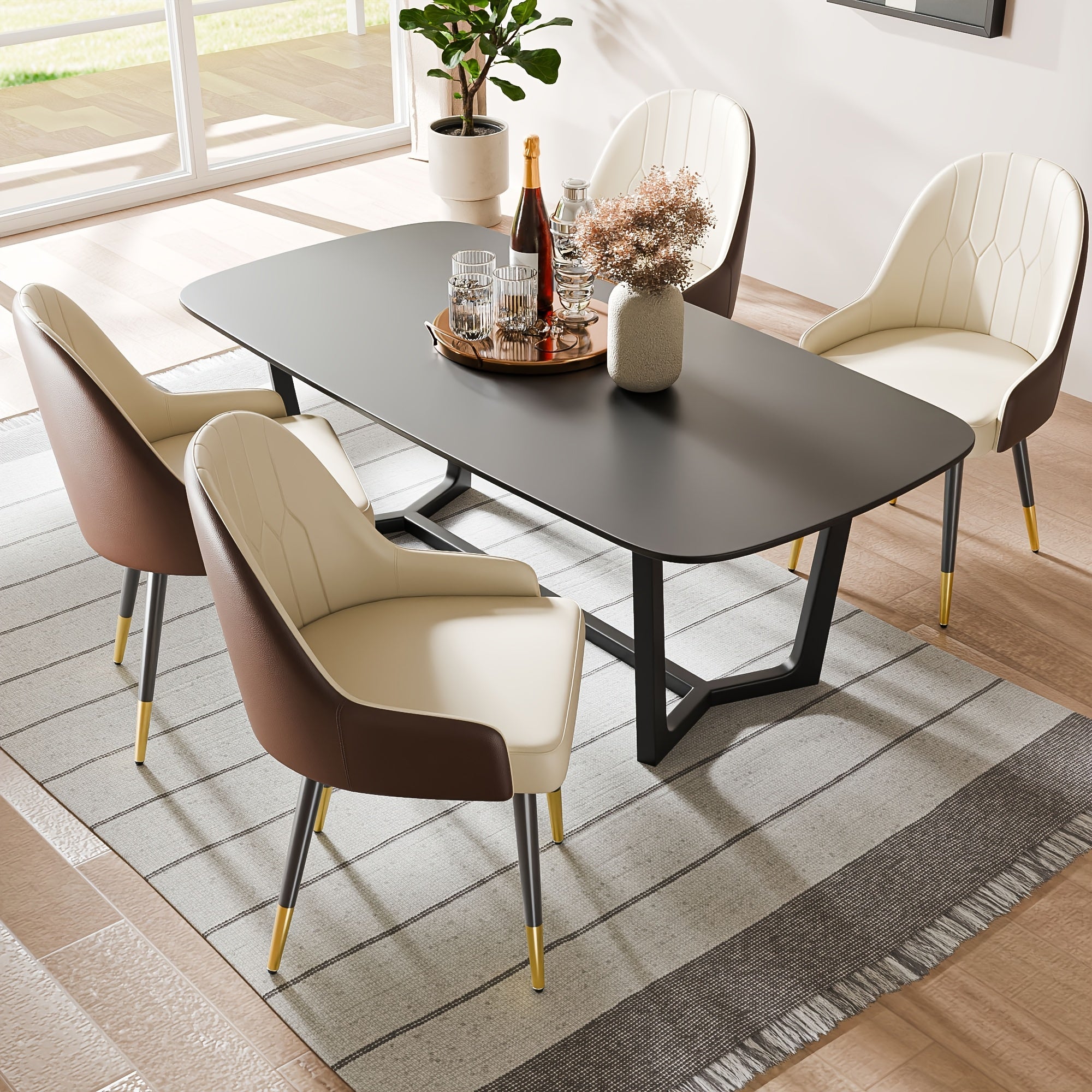 Elegant Style Set of 2 Mid-Century Modern Dining Chairs - Elegant Beige & Brown Faux Leather Colorblock with Adjustable Footrest, Perfect for Contemporary Kitchen or Dining Room Decor