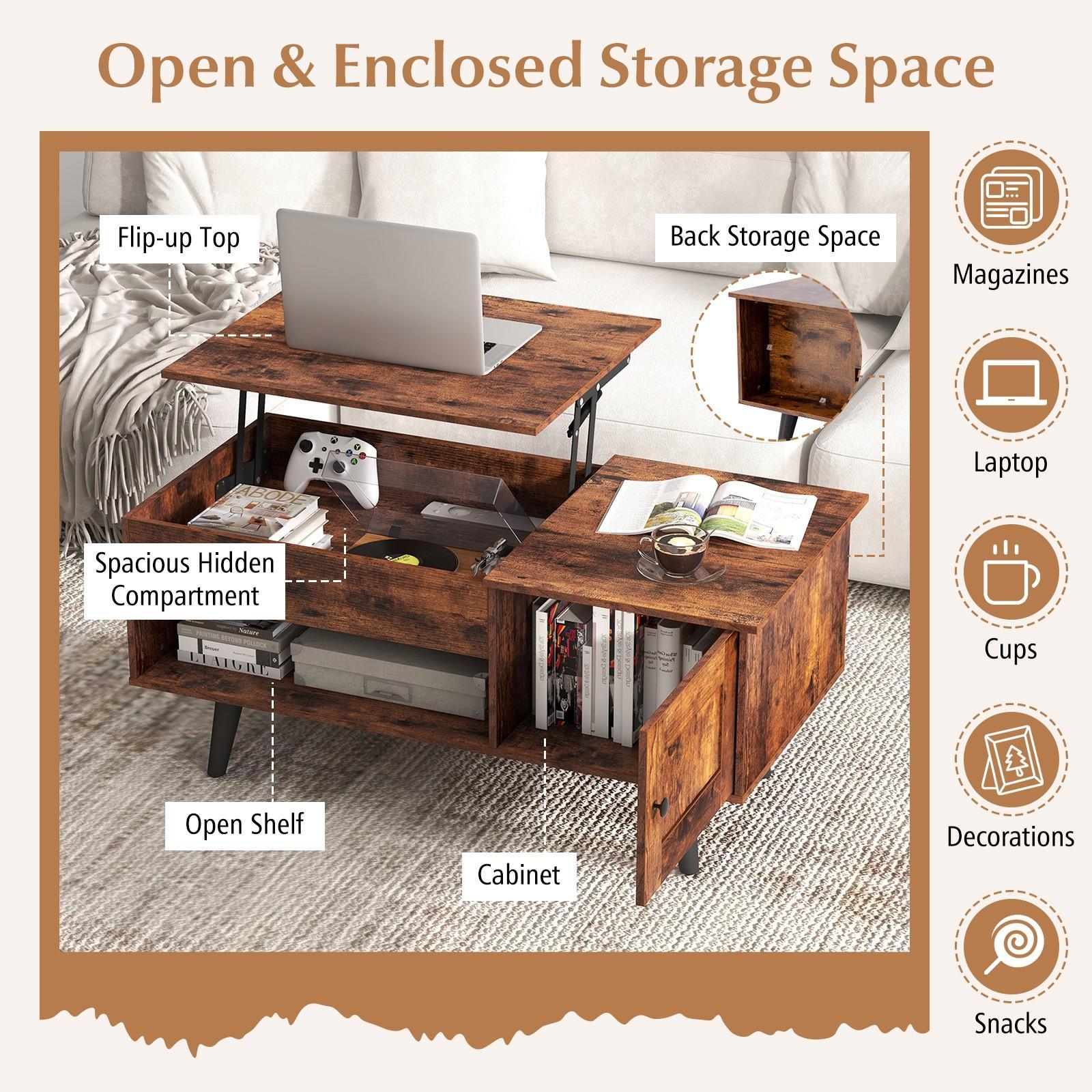 Contemporary Lift Top Coffee Table with Hidden Storage Compartment and Adjustable Height, Wood Construction with Open Shelf and Cabinet, No Electricity Required, Home and Office Furniture