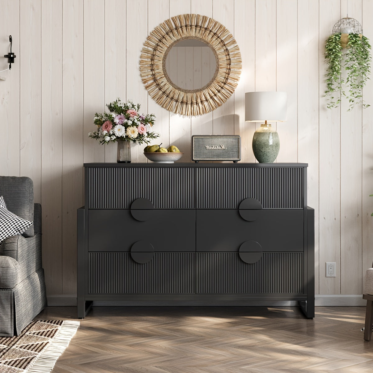 Dresser For Bedroom Wide Chest Of Drawers With Metal Frame Storage Organizer Unit With Fluted Panel 6 Drawer Dresser