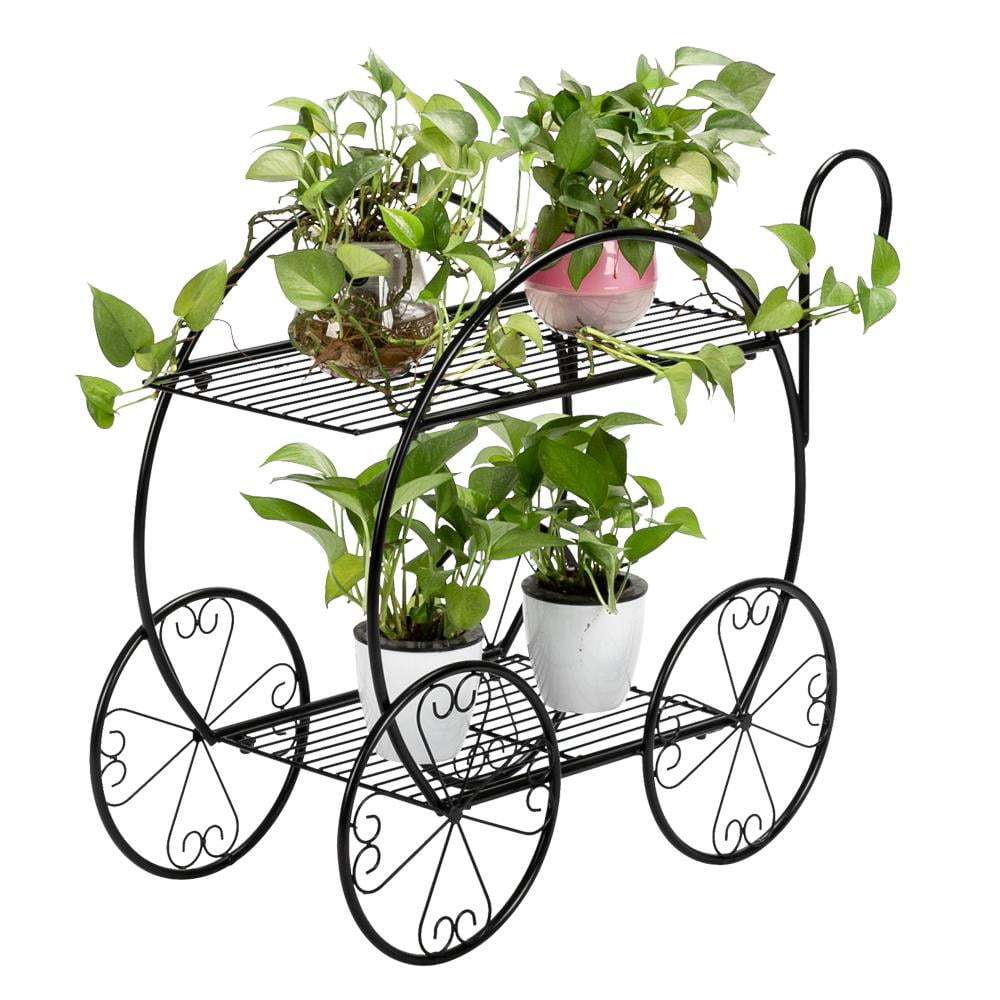 Modern Garden Cart Stand, Plant Stand Indoor and Outdoor with 2 Tiers Heavy Duty Metal Potted Holder, Perfect for Home, Garden, Patio, Black